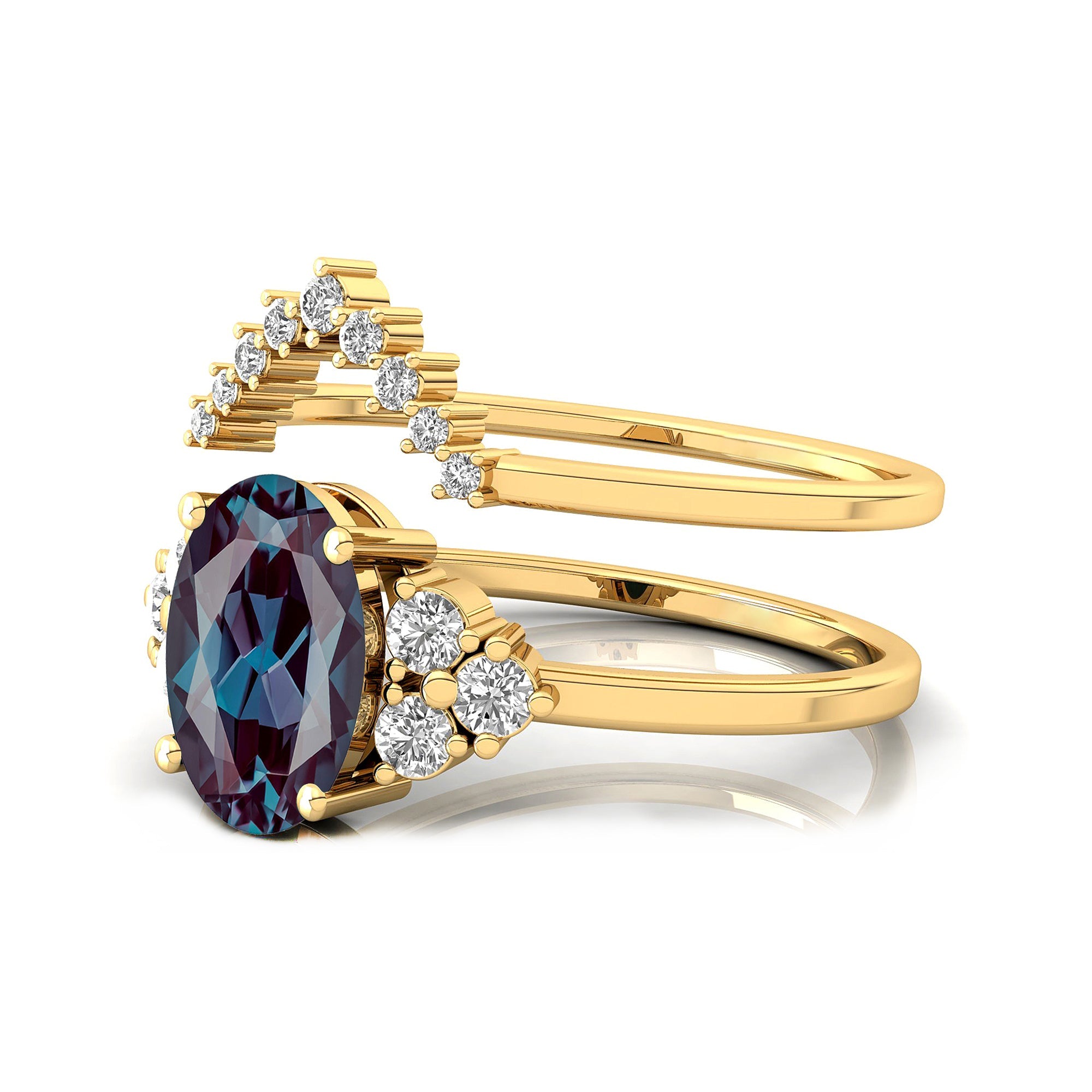 Alexandrite Solitaire Gold Ring With Stackable Diamond Band - GeumJewels