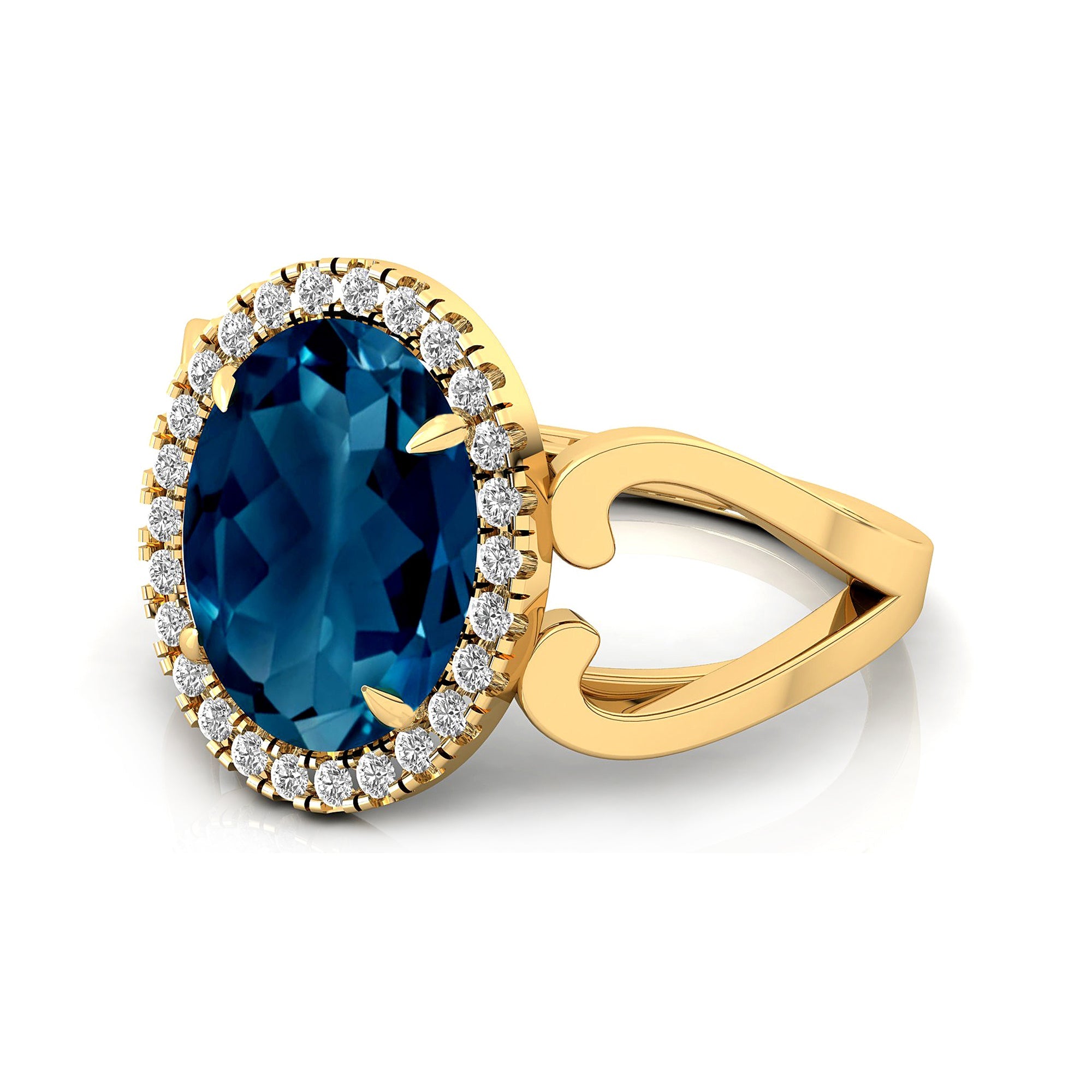 Vintage Love Inspired Oval London Blue Topaz Halo Diamond Engagement Ring - GeumJewels