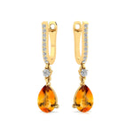 Lever Back Diamond Drop Earrings with Pear Cut Citrine - GeumJewels