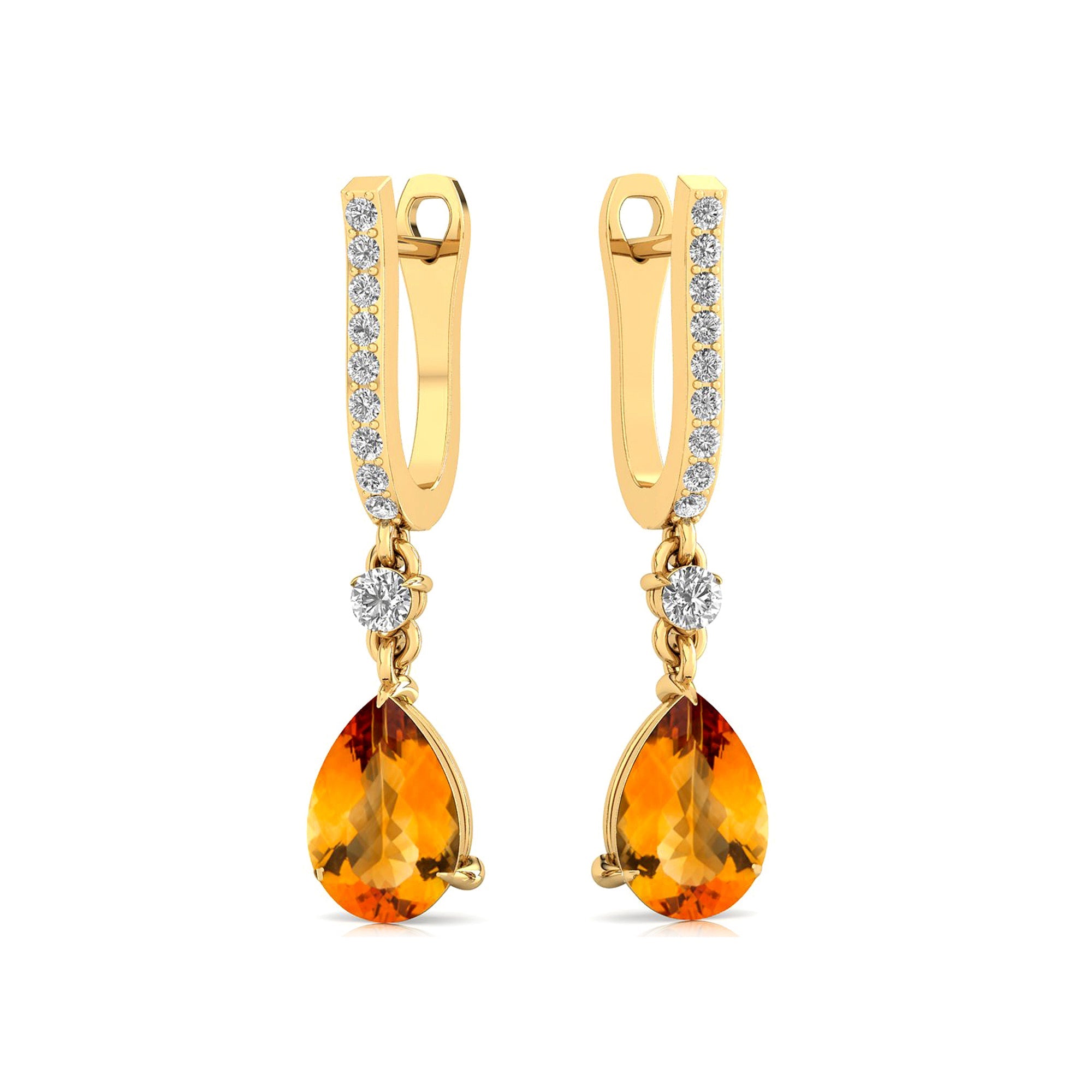Lever Back Diamond Drop Earrings with Pear Cut Citrine - GeumJewels