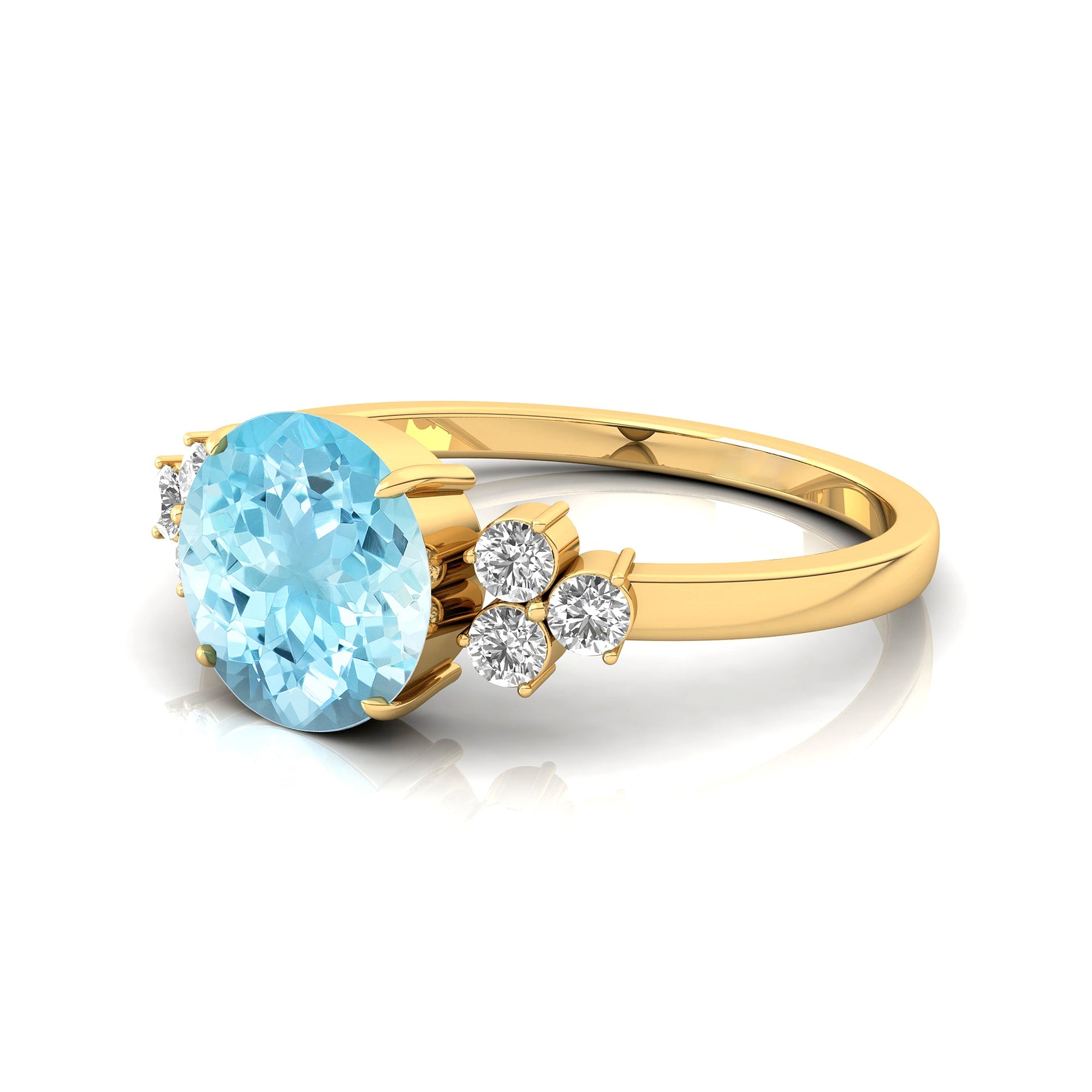 Trio Diamond Engagement Ring with Round Solitaire Aquamarine - GeumJewels