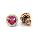 Round Solitaire Pink Sapphire Halo Diamond Stud Earrings - GeumJewels