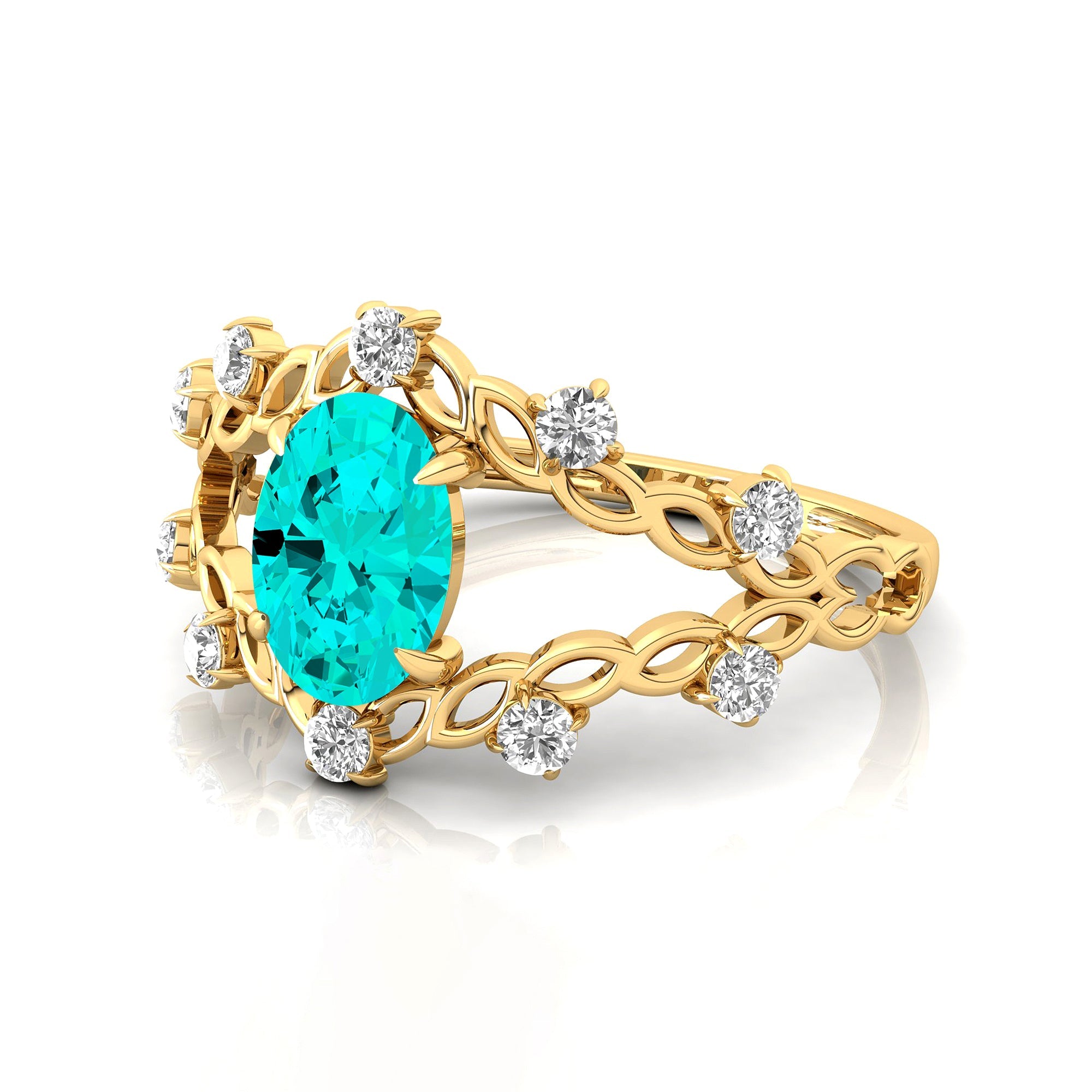 Flower Inspired Ring with Oval Shaped Paraiba Tourmaline and Accent Diamonds - GeumJewels