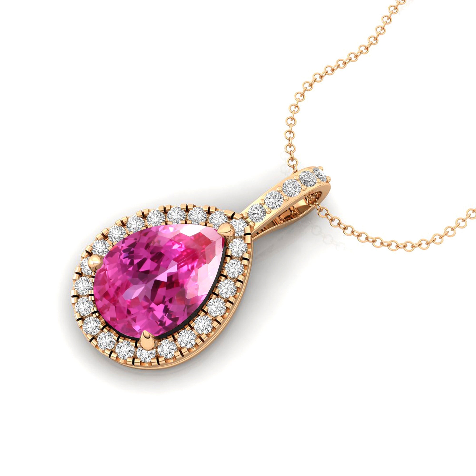 Pink Sapphire Teardrop Pendant with Diamond Halo - GeumJewels