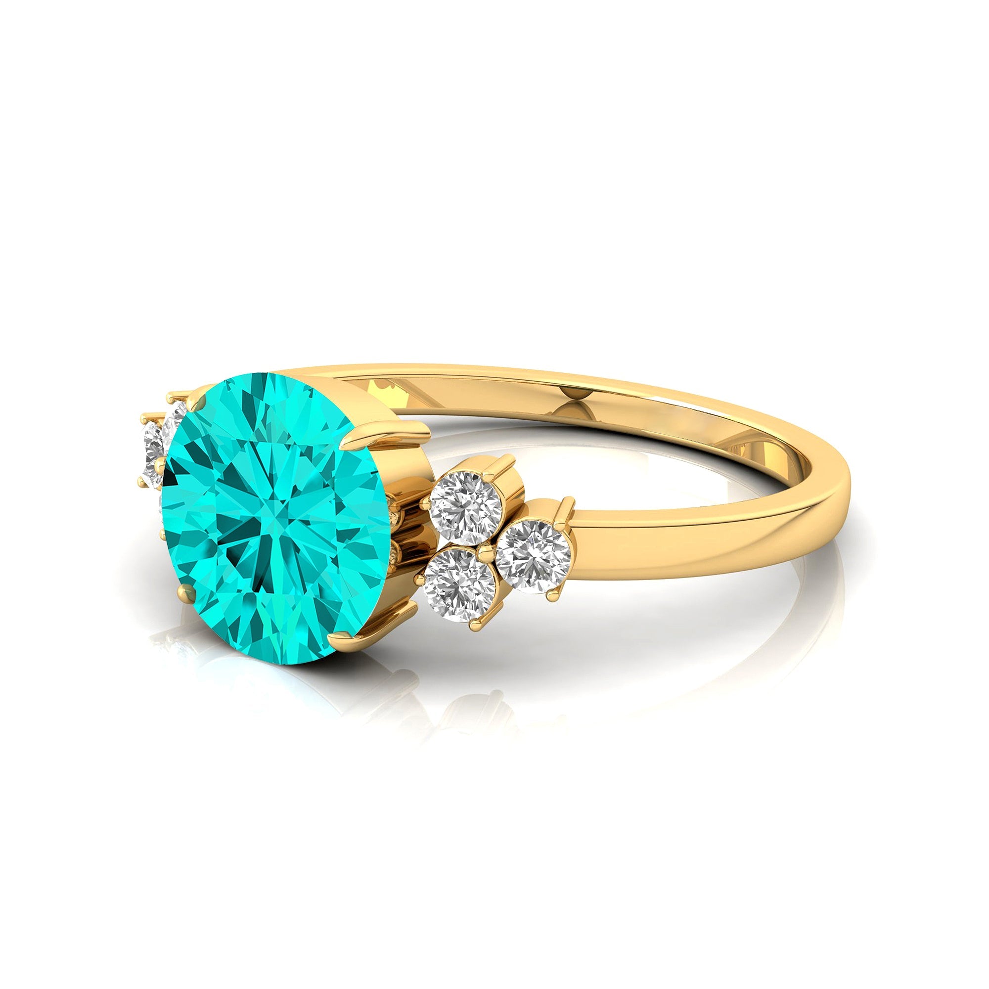 Trio Diamond Engagement Ring with Round Solitaire Paraiba Tourmaline - GeumJewels