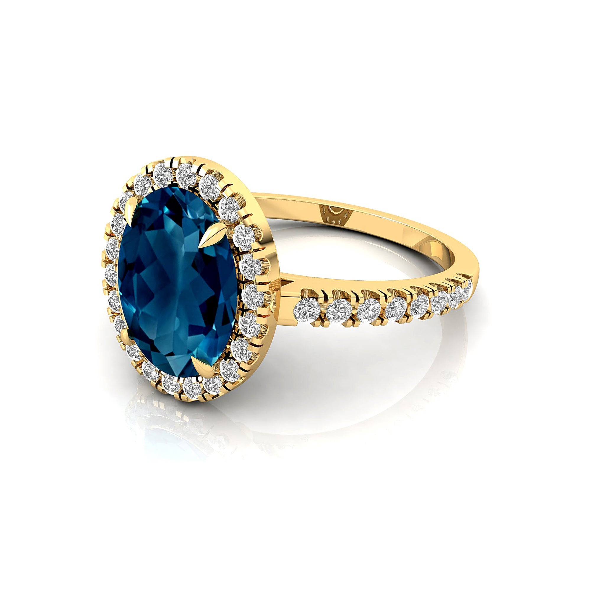 Oval Solitaire London Blue Topaz Halo Diamond Engagement Ring - GeumJewels