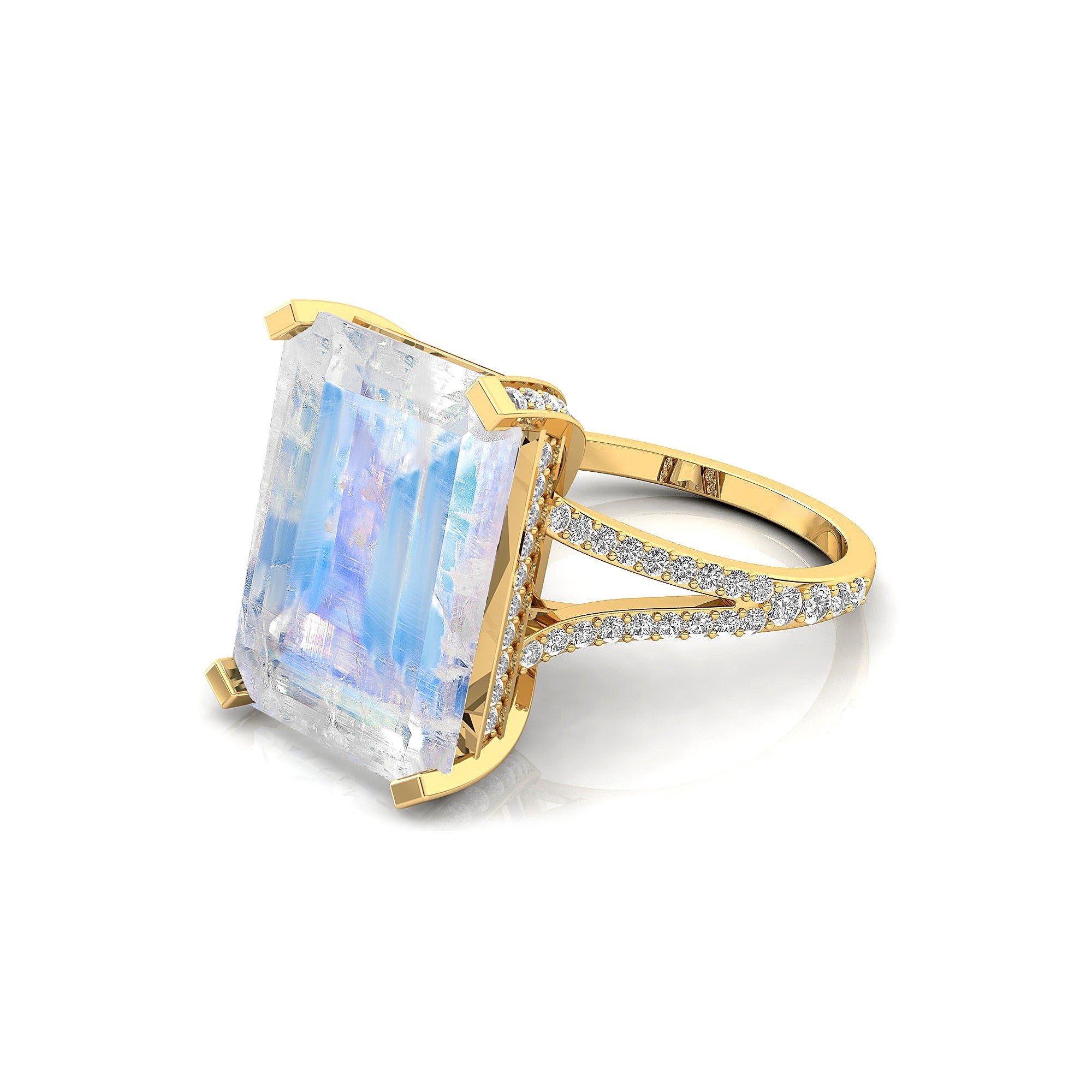Emerald Cut Moonstone Split Shank Engagement Ring with Diamonds - GeumJewels