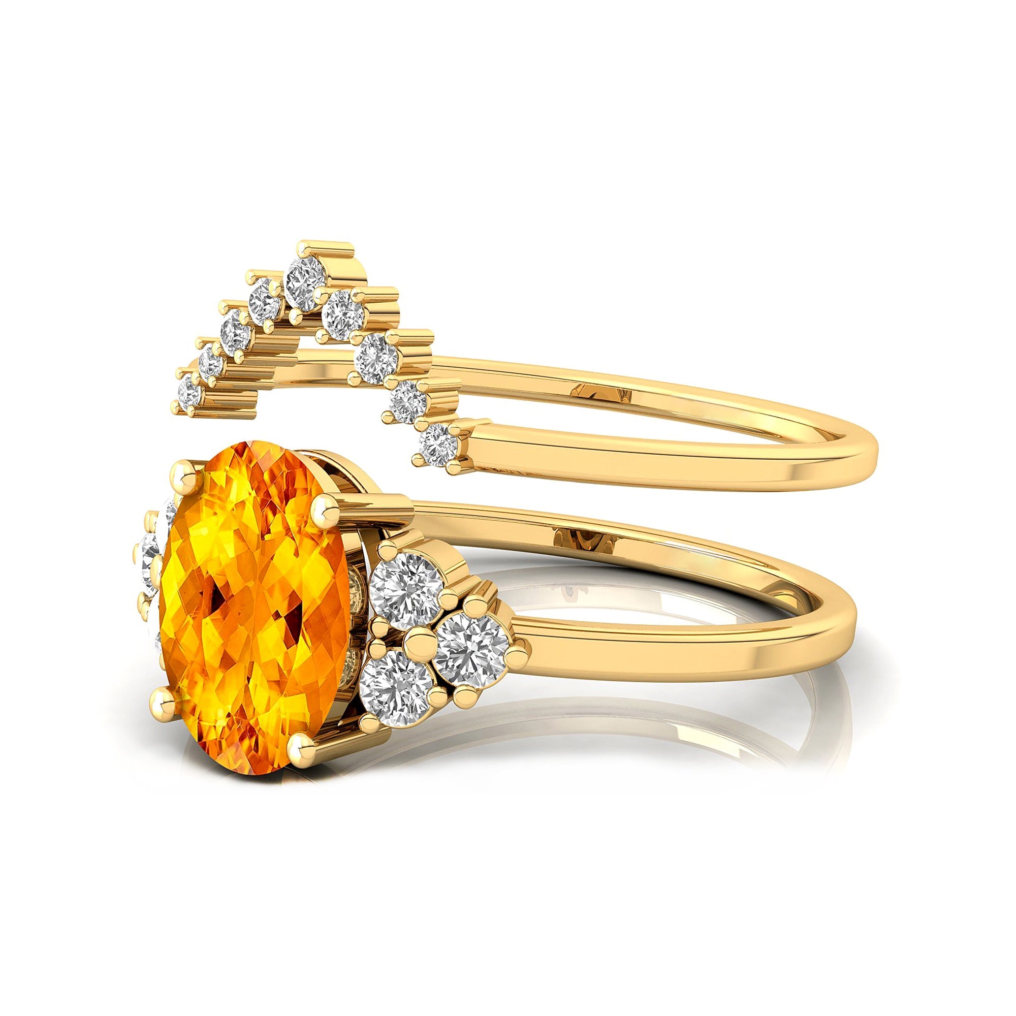 Citrine Solitaire Gold Ring With Stackable Diamond Band - GeumJewels