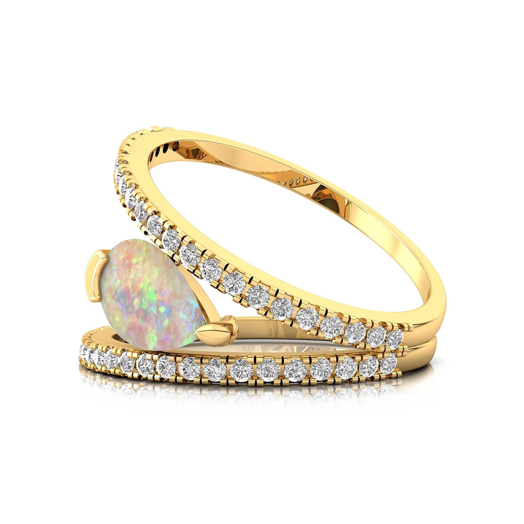 Fashionable V Shaped Diamond Ring with Pear Cut Opal - GeumJewels