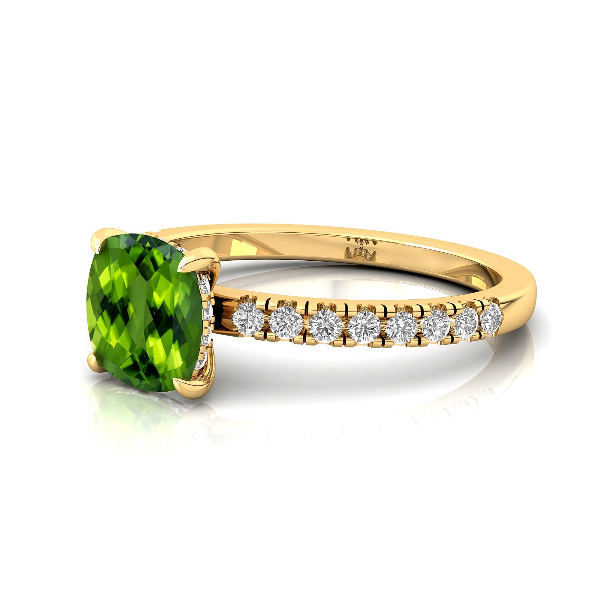 Peridot Square Cushion Under Halo Diamonds Thin Ring with Diamond Band - GeumJewels