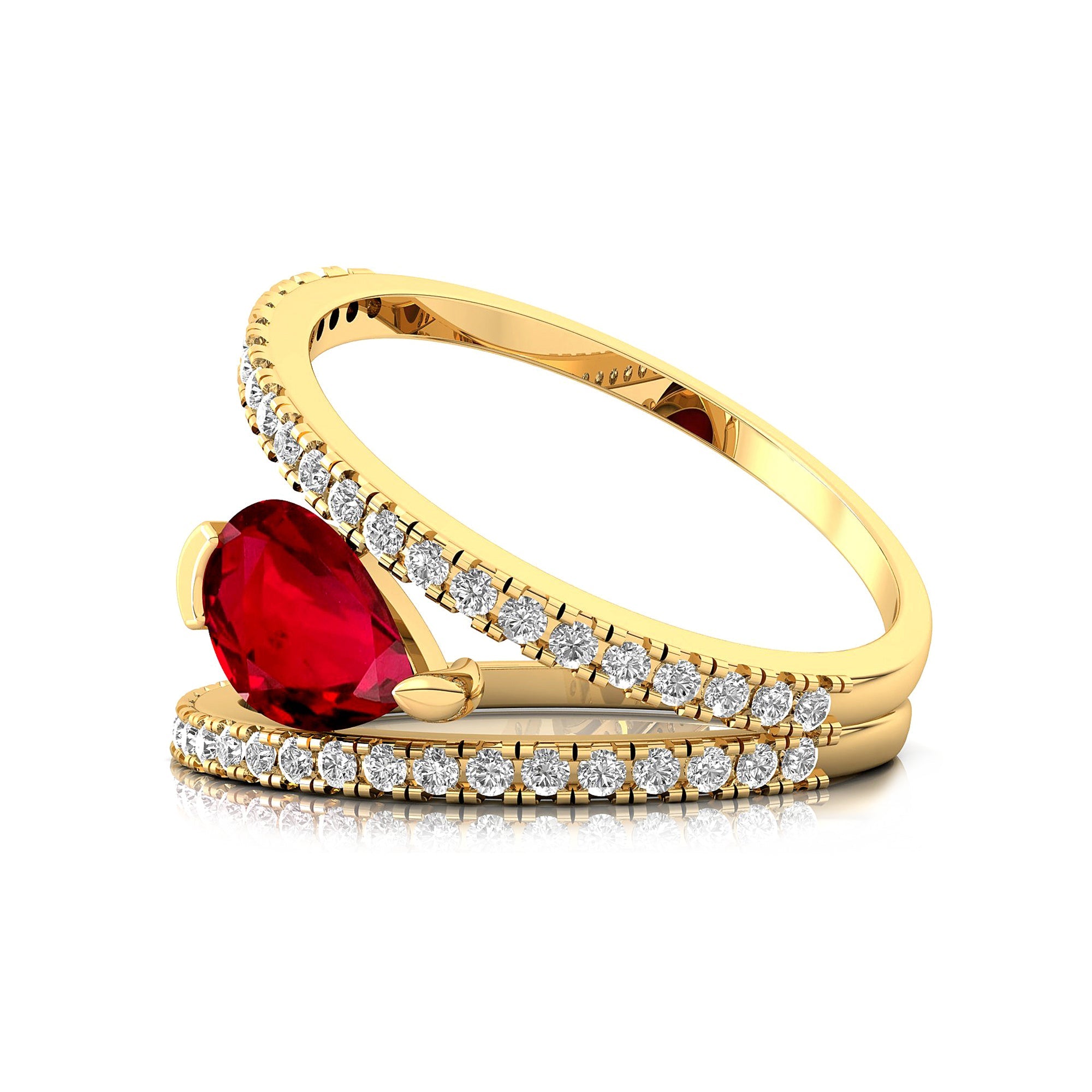 Fashionable V Shaped Diamond Ring with Pear Cut Ruby - GeumJewels