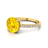 Classic Six Prong Round Solitaire Yellow Sapphire Ring with Accent Diamond Band - GeumJewels