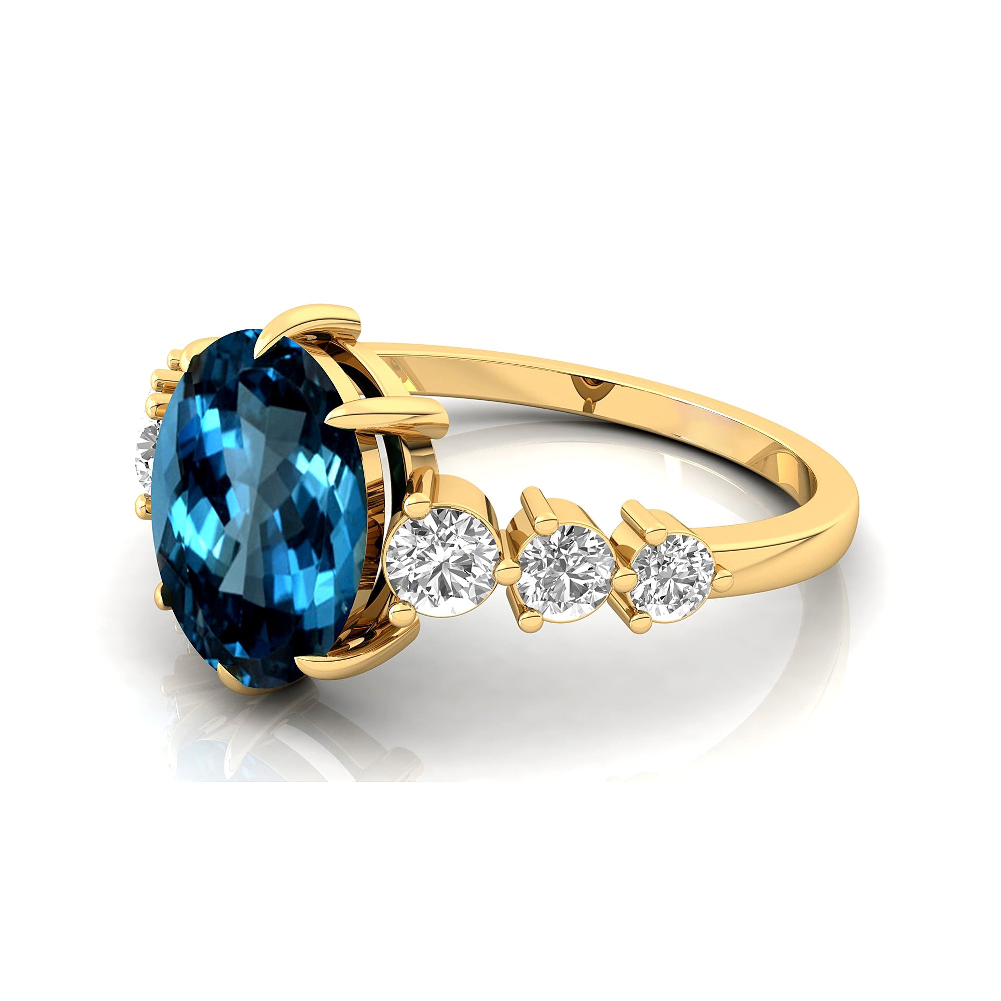 Oval Cut London Blue Topaz with Graduated Diamonds Ring - GeumJewels