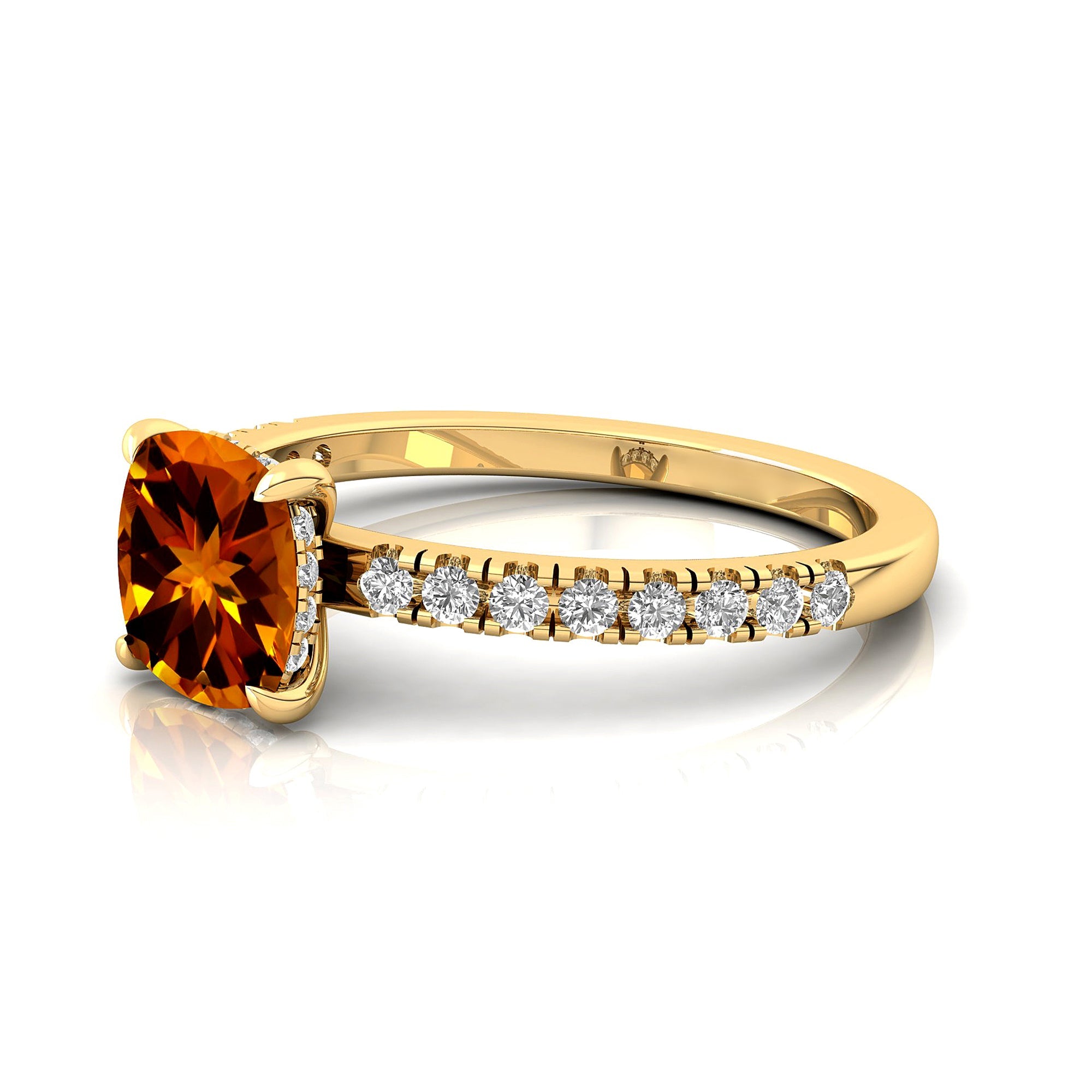 Citrine Square Cushion Under Halo Diamonds Thin Ring with Diamond Band - GeumJewels