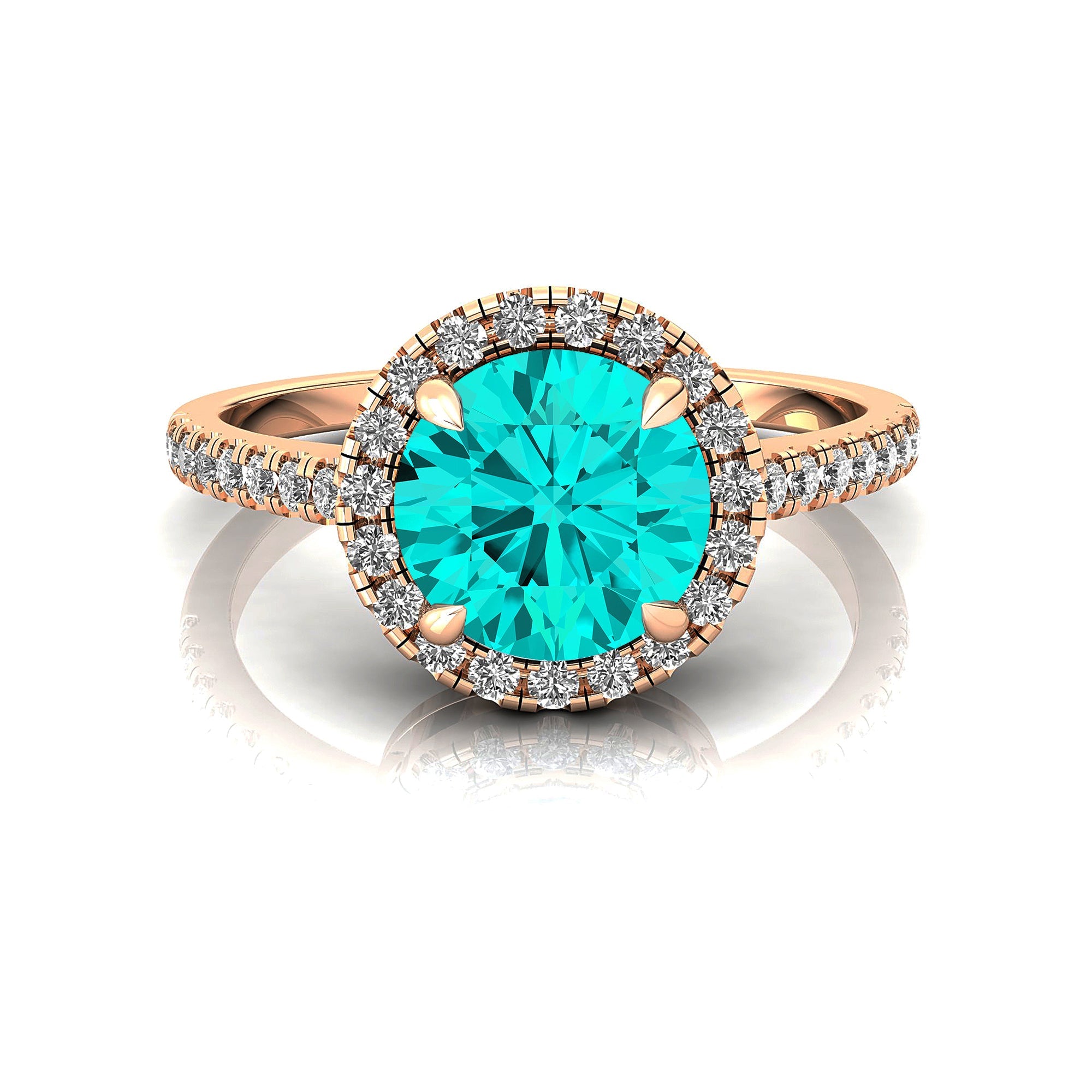 Classic Round Halo Diamonds with Solitaire Paraiba Tourmaline Engagement Ring - GeumJewels