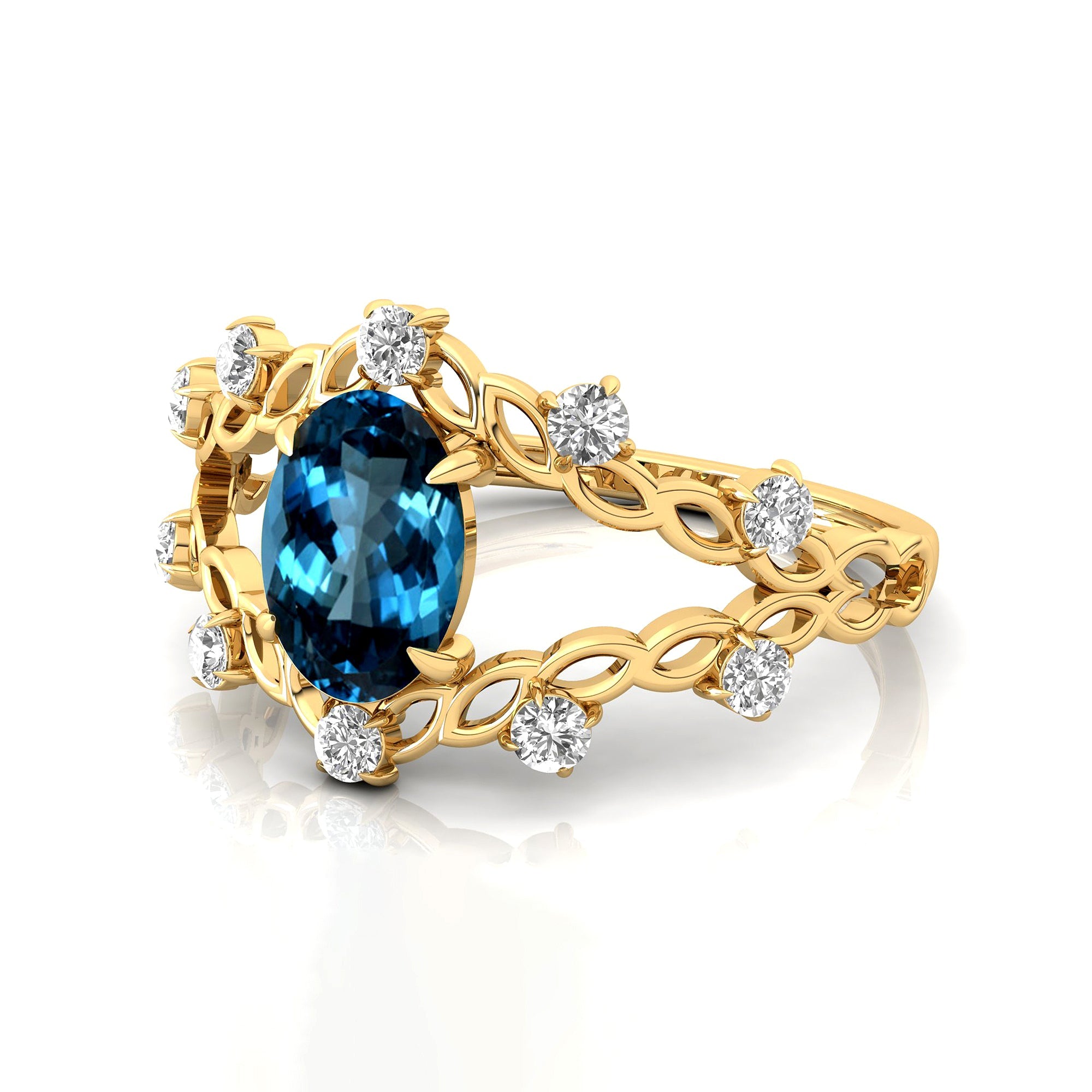Flower Inspired Ring with Oval Shaped London Blue Topaz and Accent Diamonds - GeumJewels