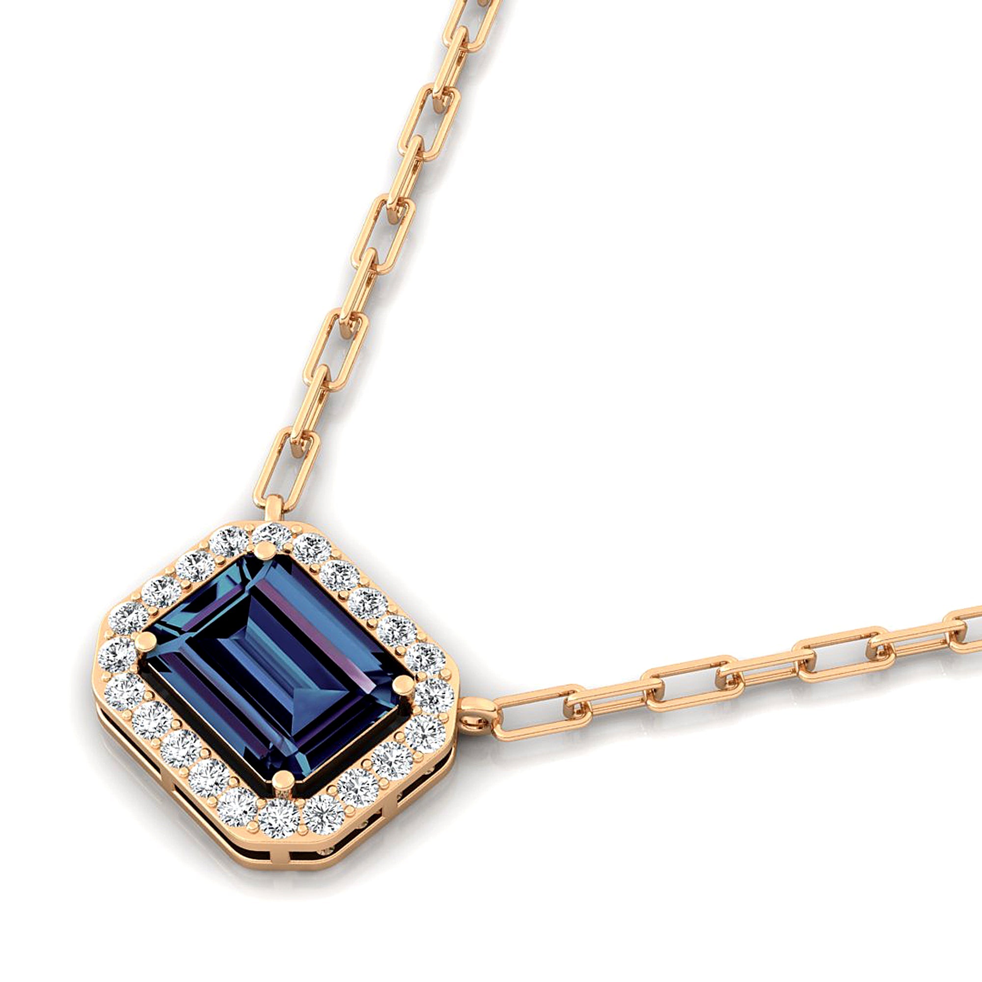 Emerald Cut Alexandrite Halo Set Diamond Necklace - GeumJewels