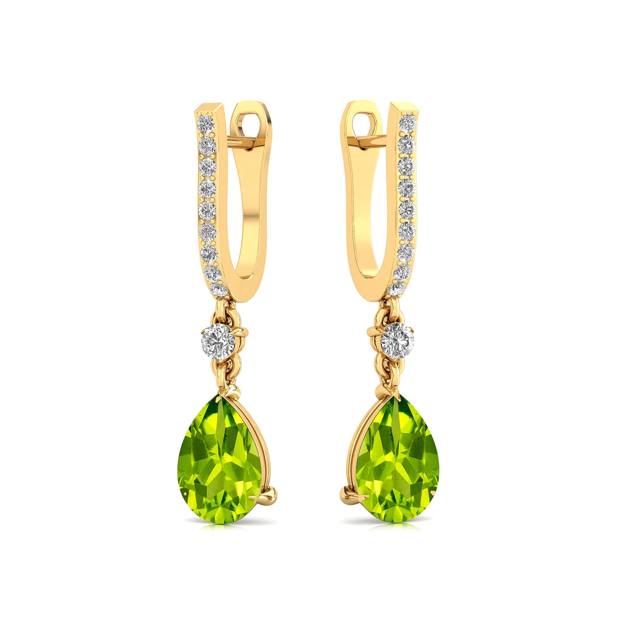 Lever Back Diamond Drop Earrings with Pear Cut Peridot - GeumJewels