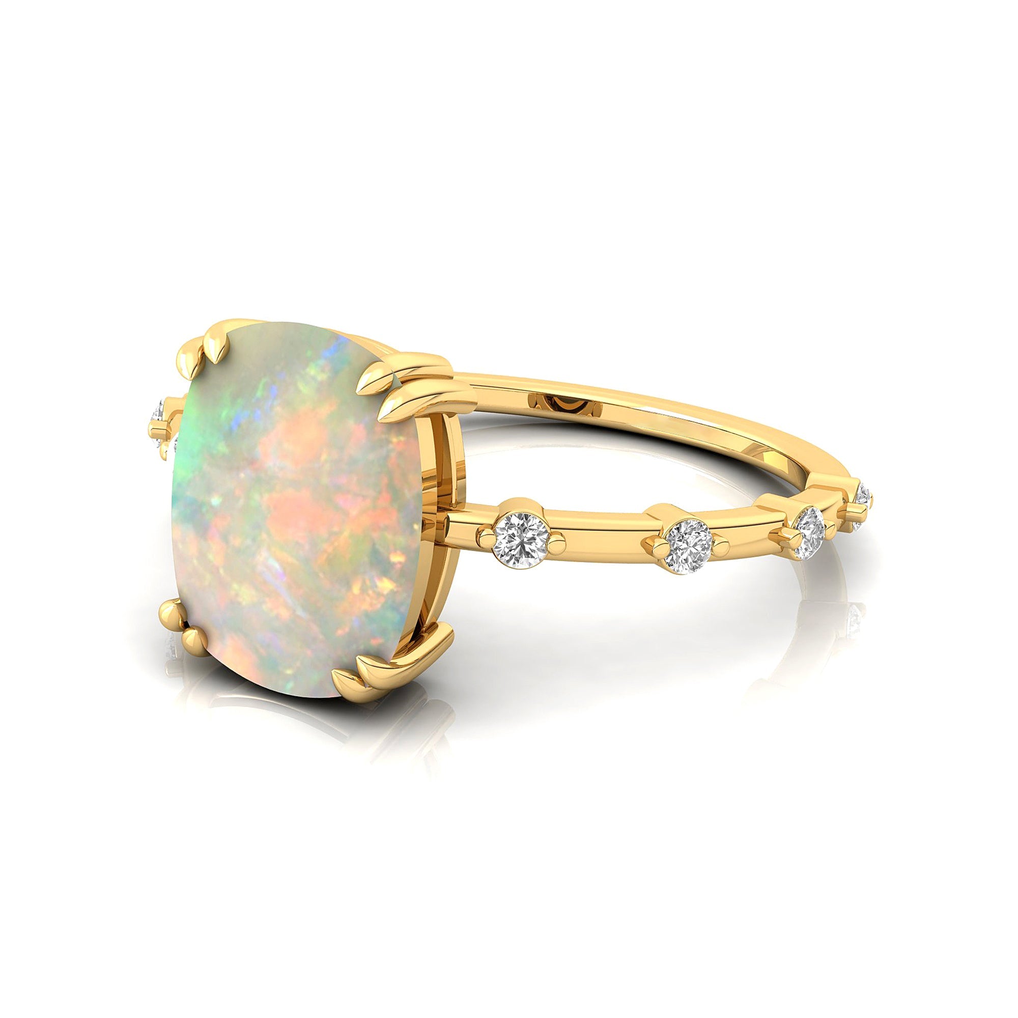 Cushion Cut Opal Engagement Ring with Distant Diamond Band - GeumJewels