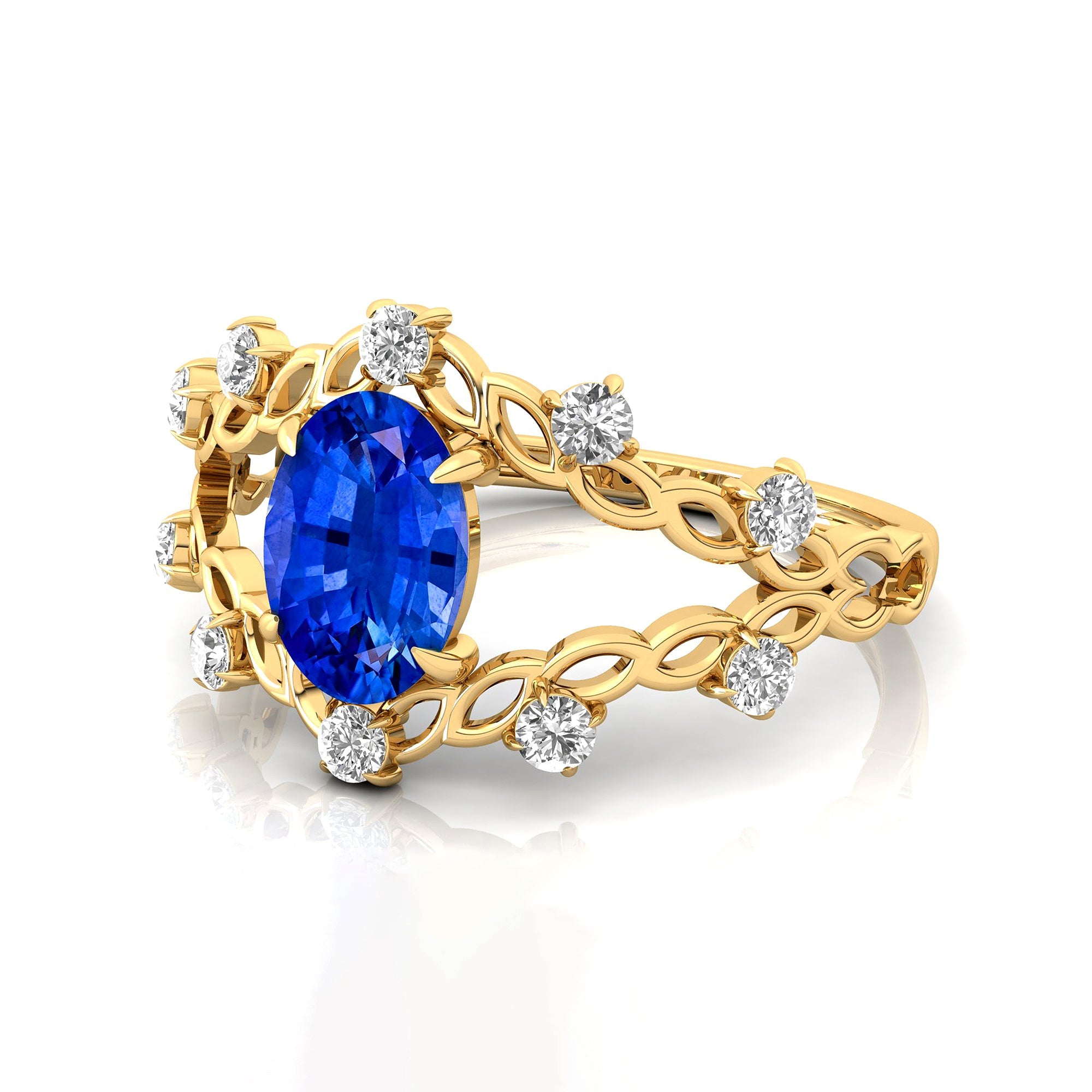 Flower Inspired Ring with Oval Shaped Blue Sapphire and Accent Diamonds - GeumJewels