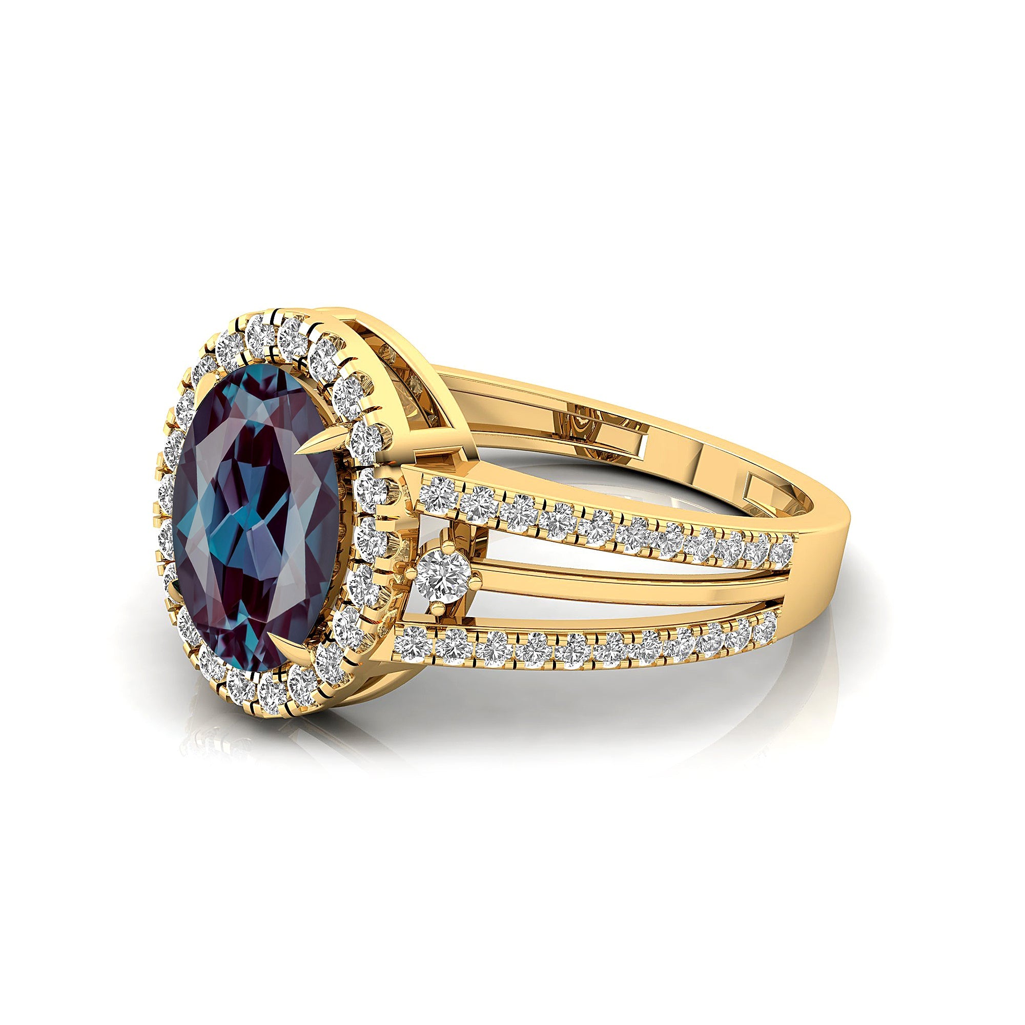 Solitaire Oval Alexandrite Split Shank Diamond Engagement Ring - GeumJewels
