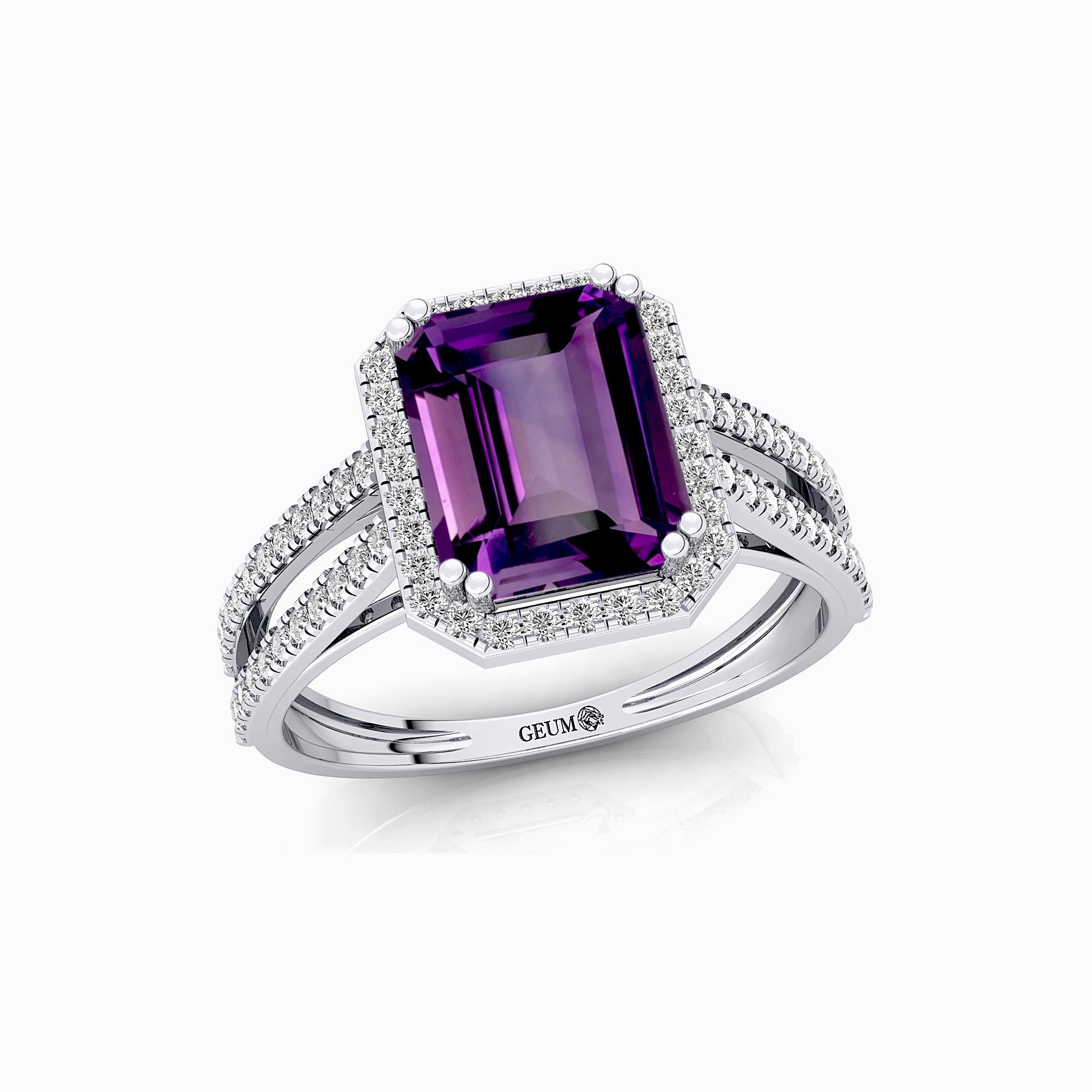 Halo Set Emerald Shaped Amethyst Split Shank Ring with Accent Diamonds - GeumJewels