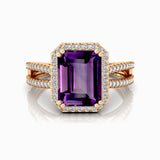 Halo Set Emerald Shaped Amethyst Split Shank Ring with Accent Diamonds - GeumJewels