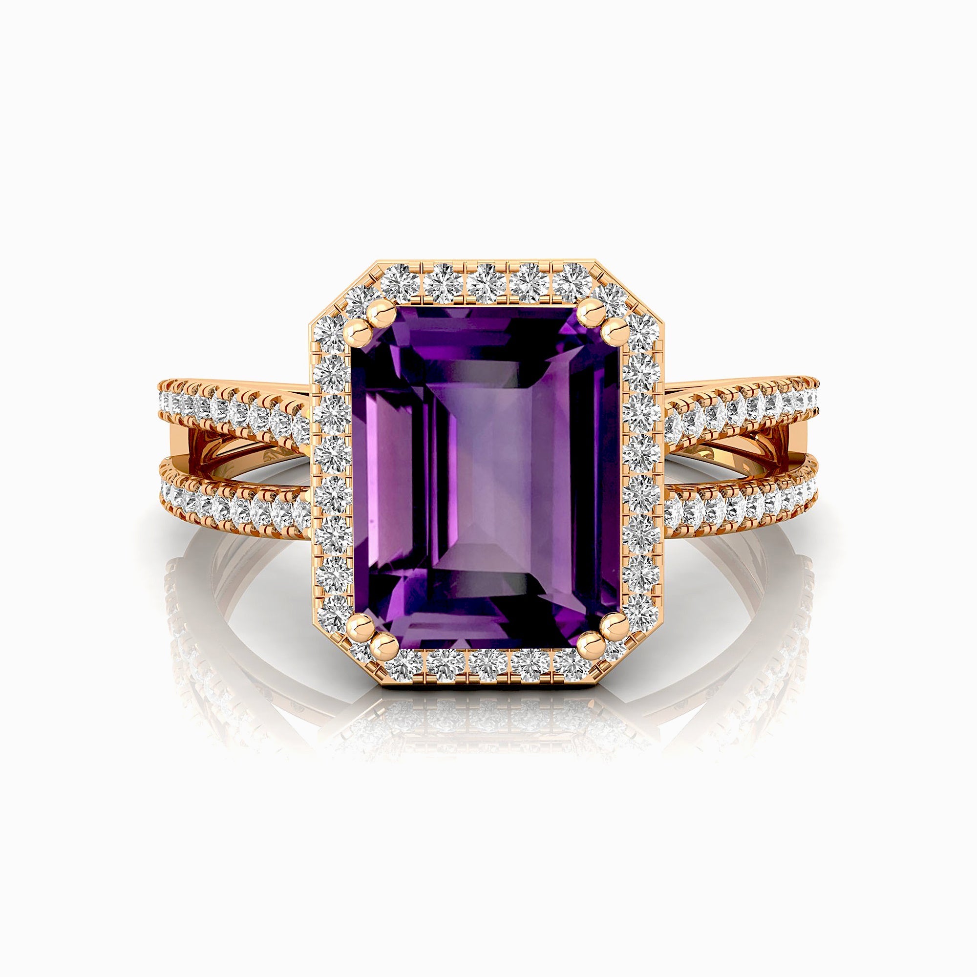 Halo Set Emerald Shaped Amethyst Split Shank Ring with Accent Diamonds - GeumJewels