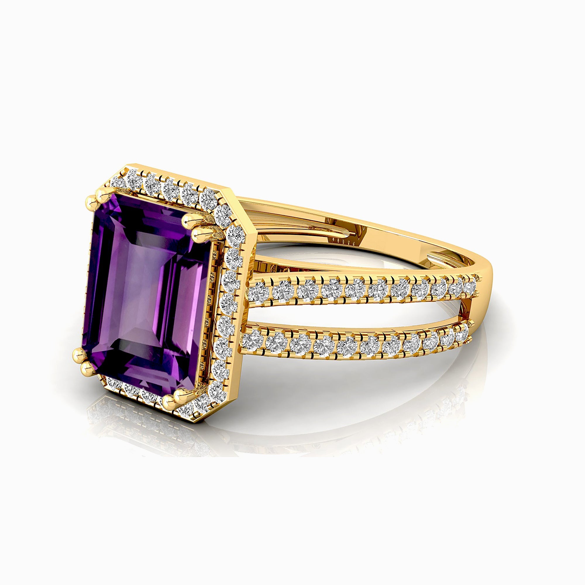 Halo Set Emerald Shaped Amethyst Split Shank Ring with Accent Diamonds - GeumJewels