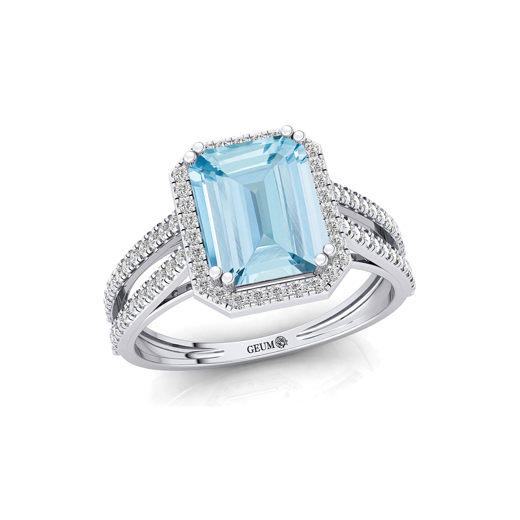 Halo Set Emerald Shaped Aquamarine Split Shank Ring with Accent Diamonds - GeumJewels