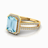 Halo Set Emerald Shaped Aquamarine Split Shank Ring with Accent Diamonds - GeumJewels