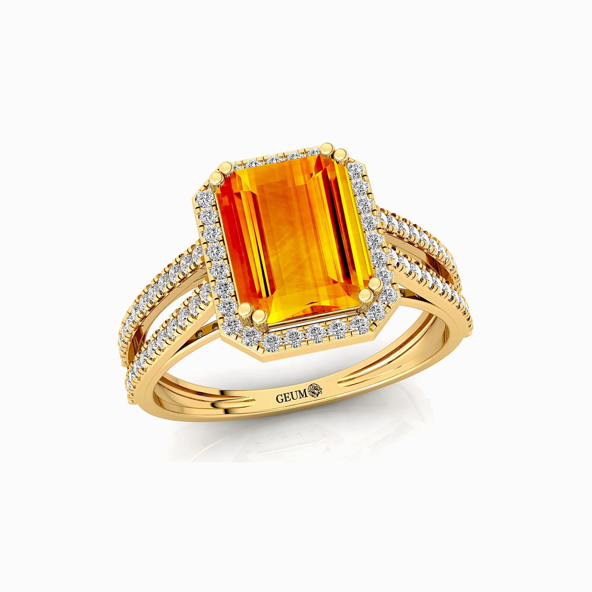 Halo Set Emerald Shaped Citrine Split Shank Ring with Accent Diamonds - GeumJewels