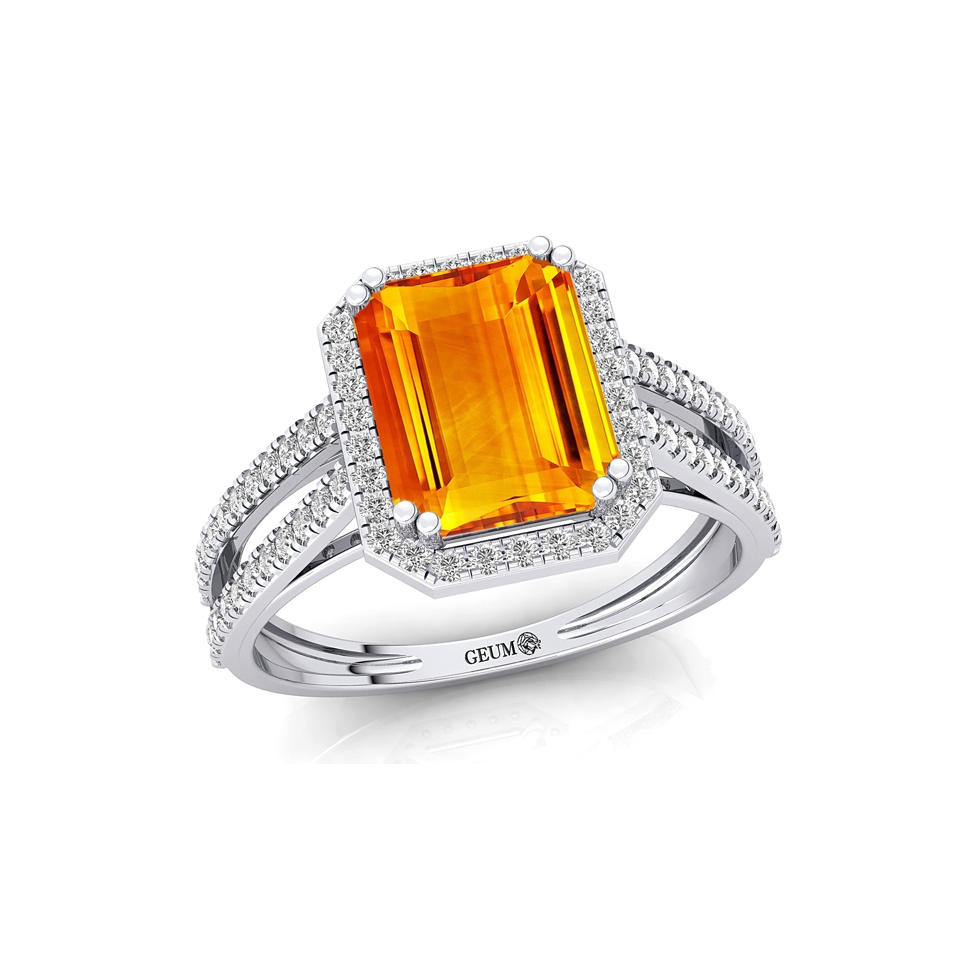 Halo Set Emerald Shaped Citrine Split Shank Ring with Accent Diamonds - GeumJewels