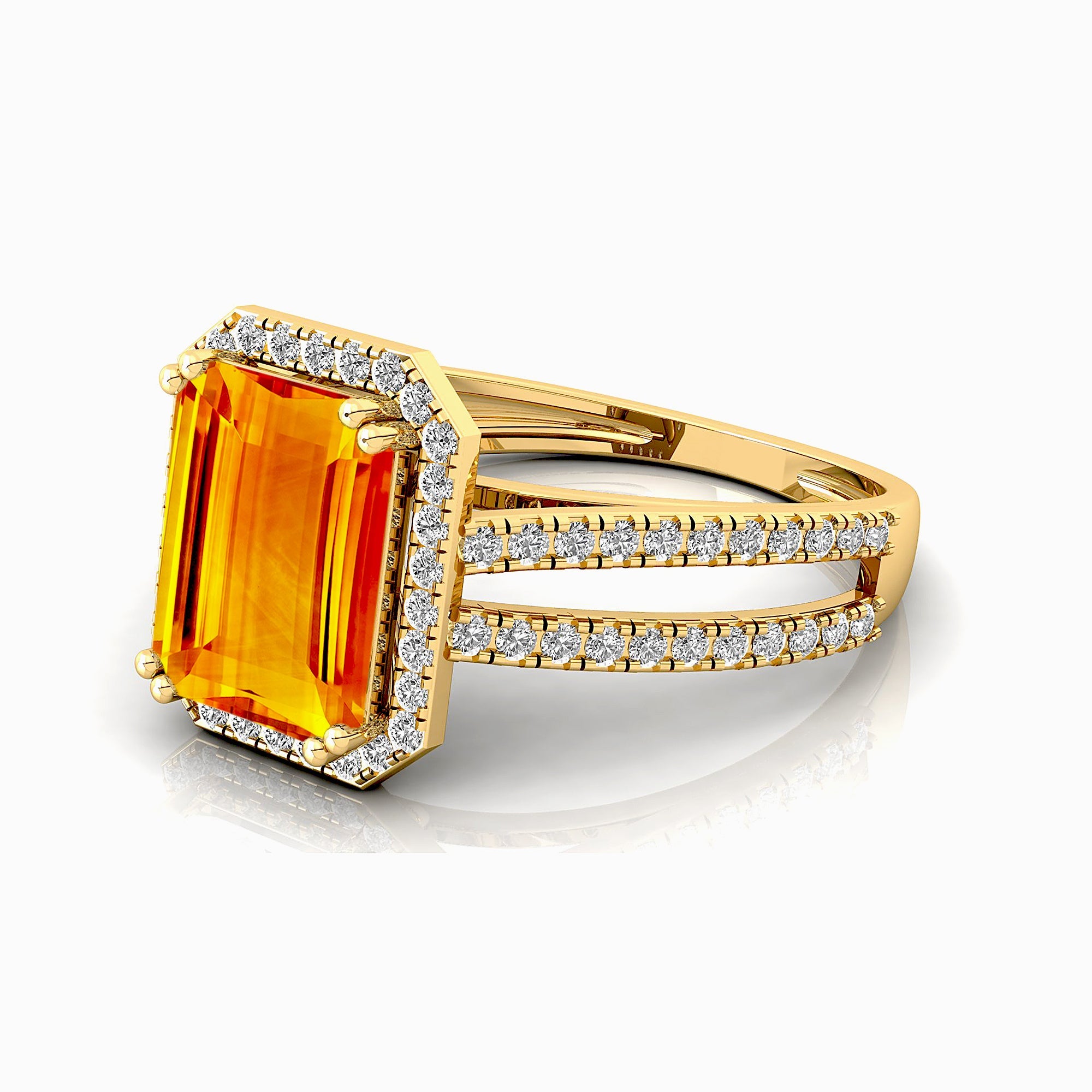 Halo Set Emerald Shaped Citrine Split Shank Ring with Accent Diamonds - GeumJewels