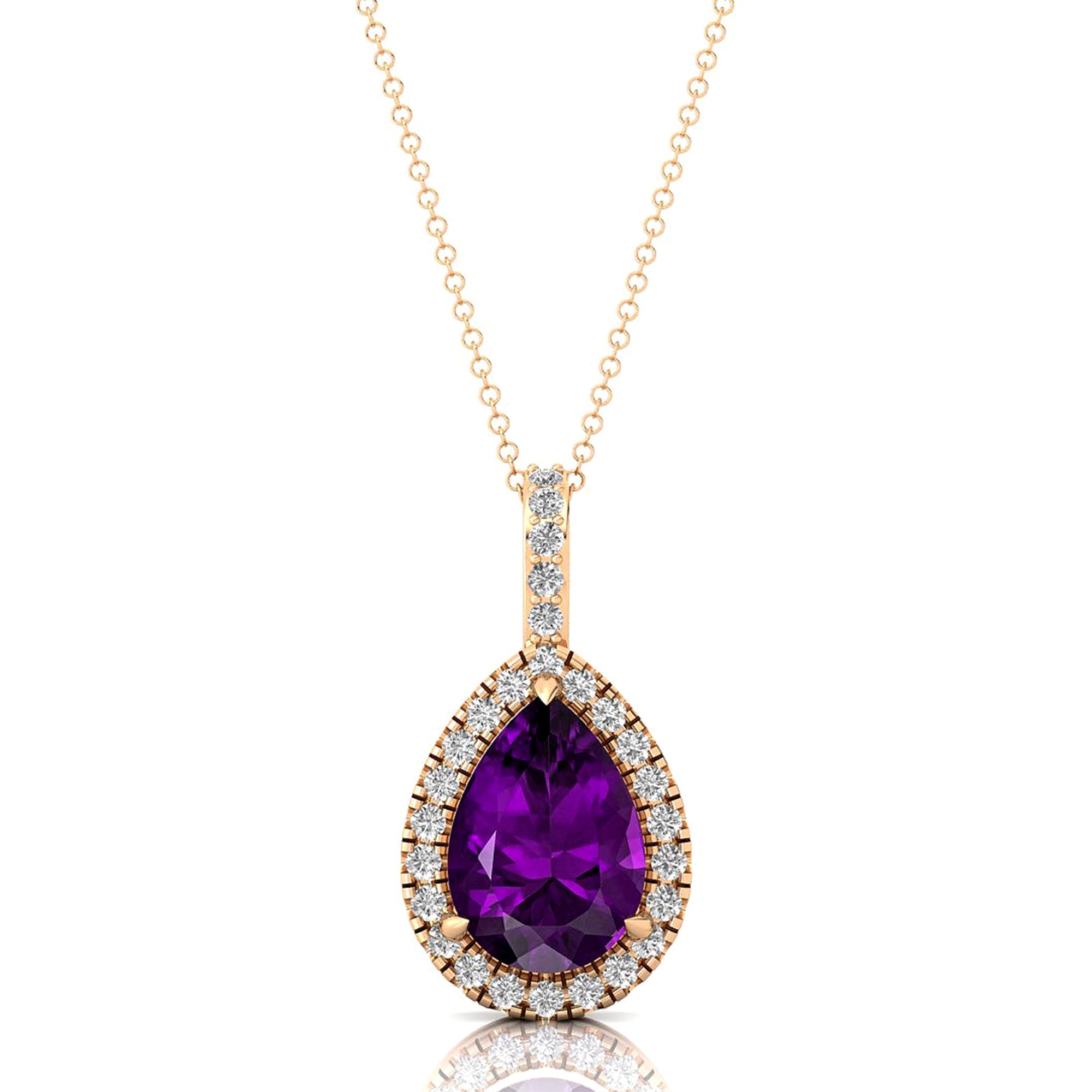Amethyst Teardrop Pendant with Diamond Halo - GeumJewels