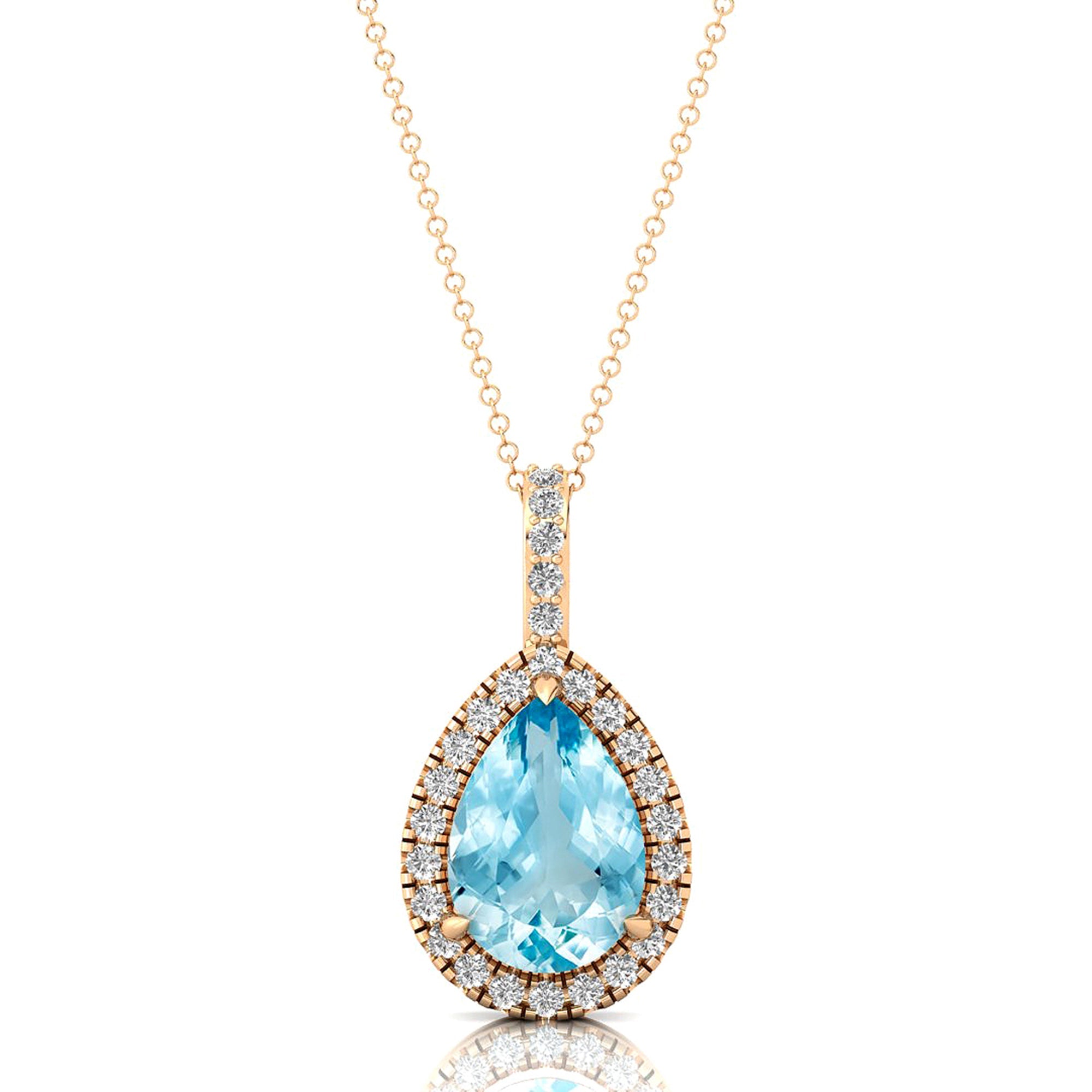 Aquamarine Teardrop Pendant with Diamond Halo - GeumJewels