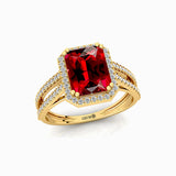 Halo Set Emerald Shaped Garnet Split Shank Ring with Accent Diamonds - GeumJewels