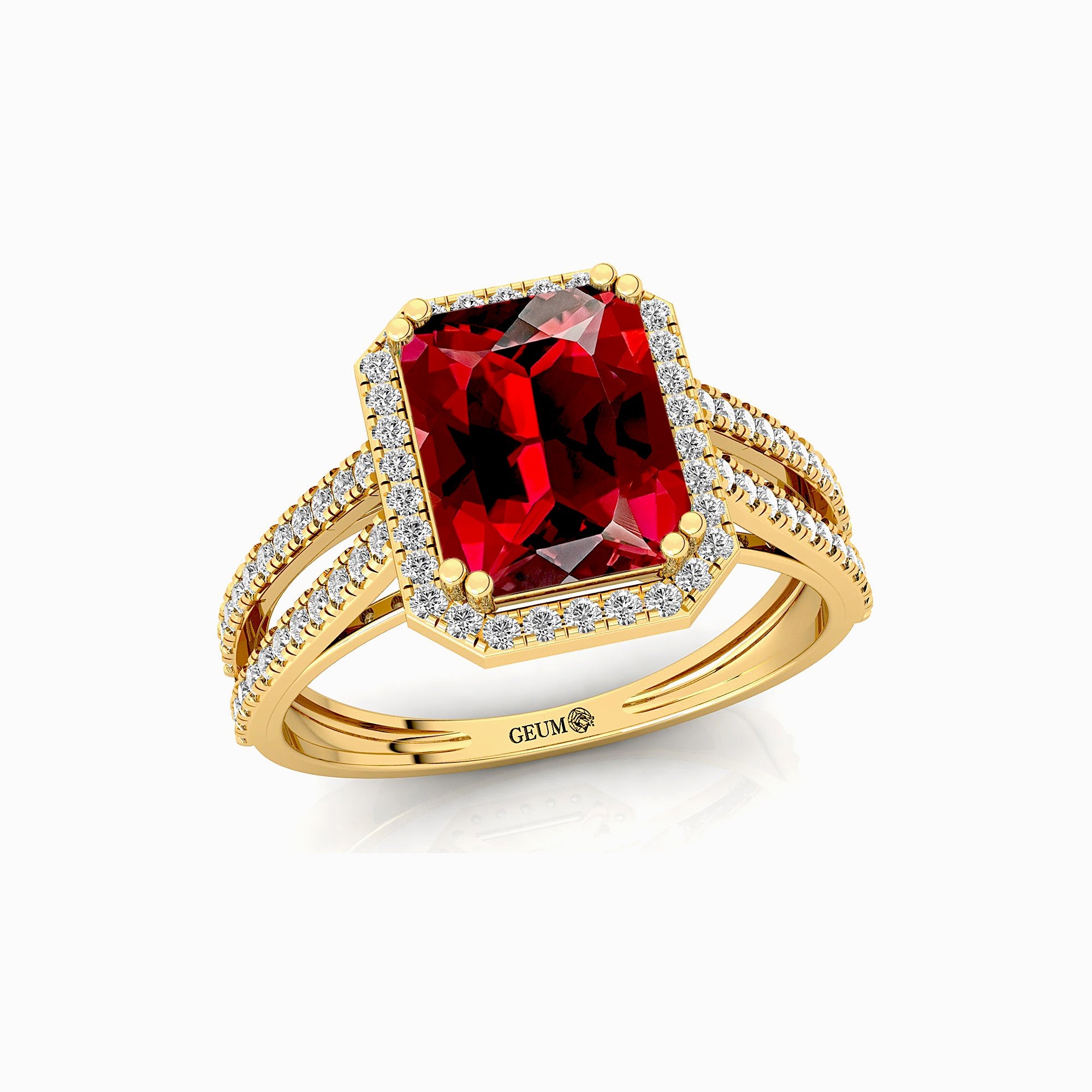 Halo Set Emerald Shaped Garnet Split Shank Ring with Accent Diamonds - GeumJewels