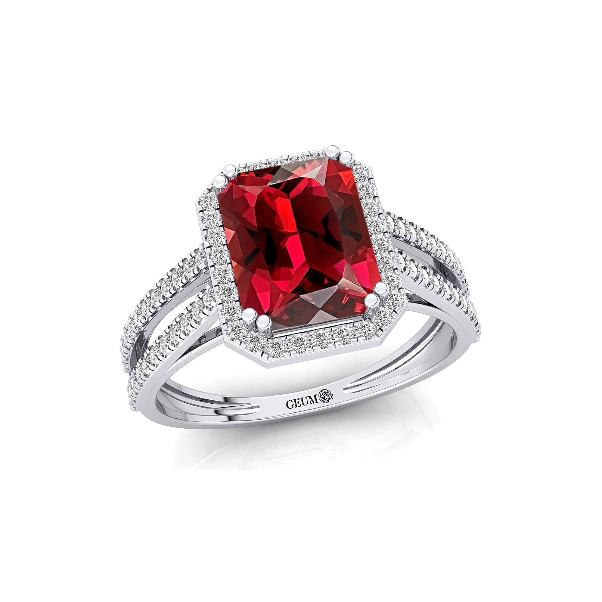 Halo Set Emerald Shaped Garnet Split Shank Ring with Accent Diamonds - GeumJewels