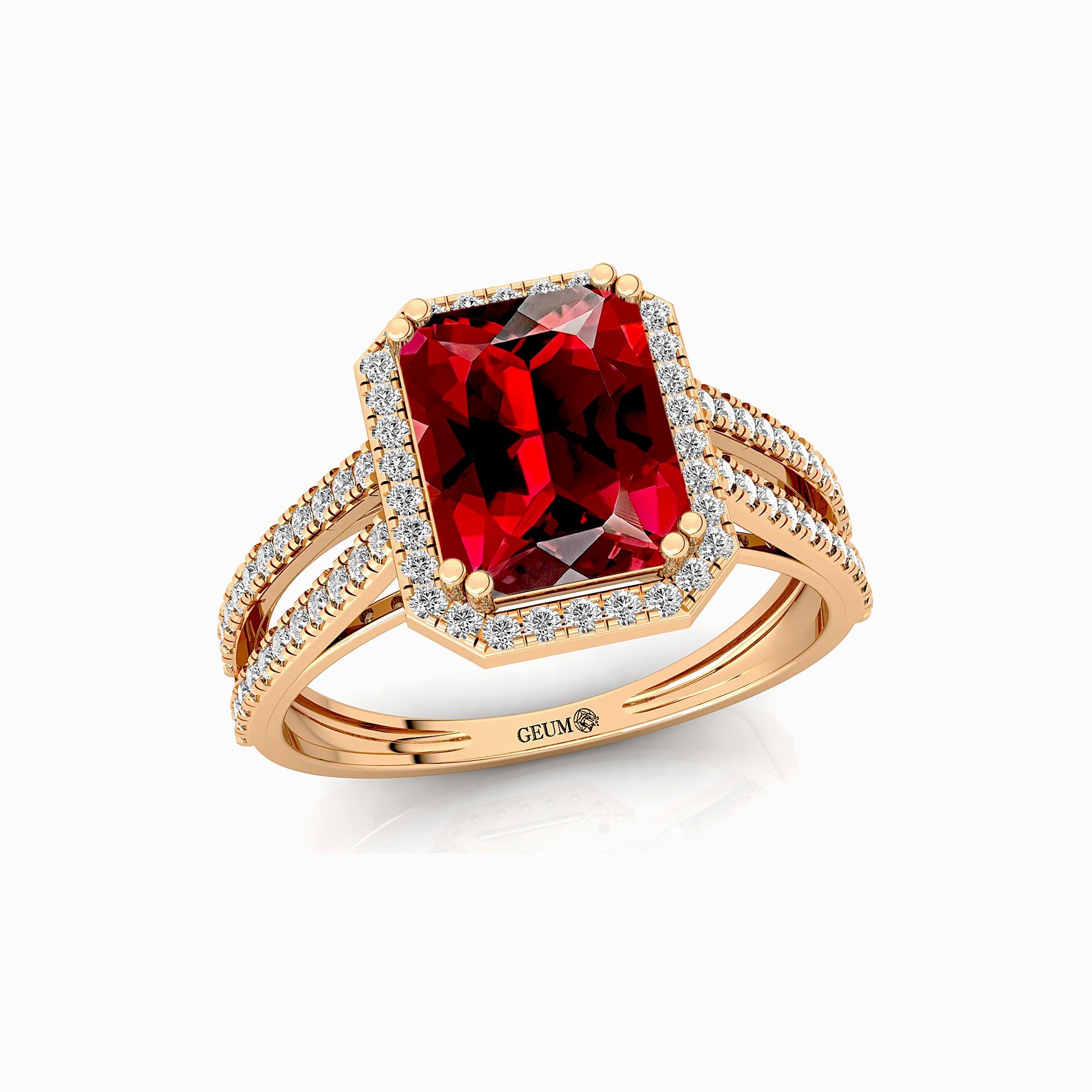 Halo Set Emerald Shaped Garnet Split Shank Ring with Accent Diamonds - GeumJewels