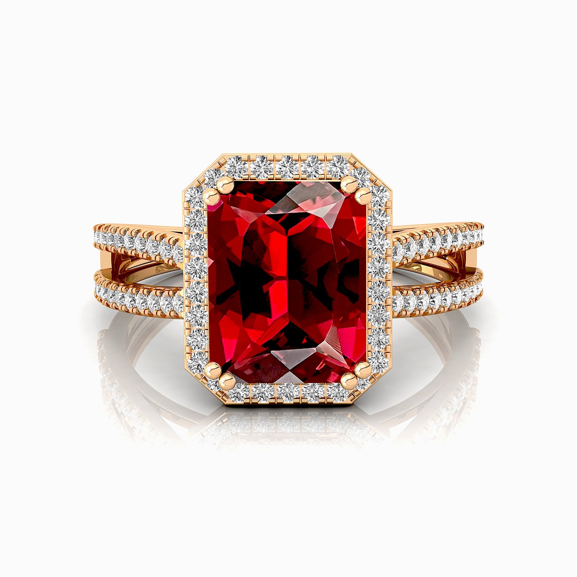Halo Set Emerald Shaped Garnet Split Shank Ring with Accent Diamonds - GeumJewels