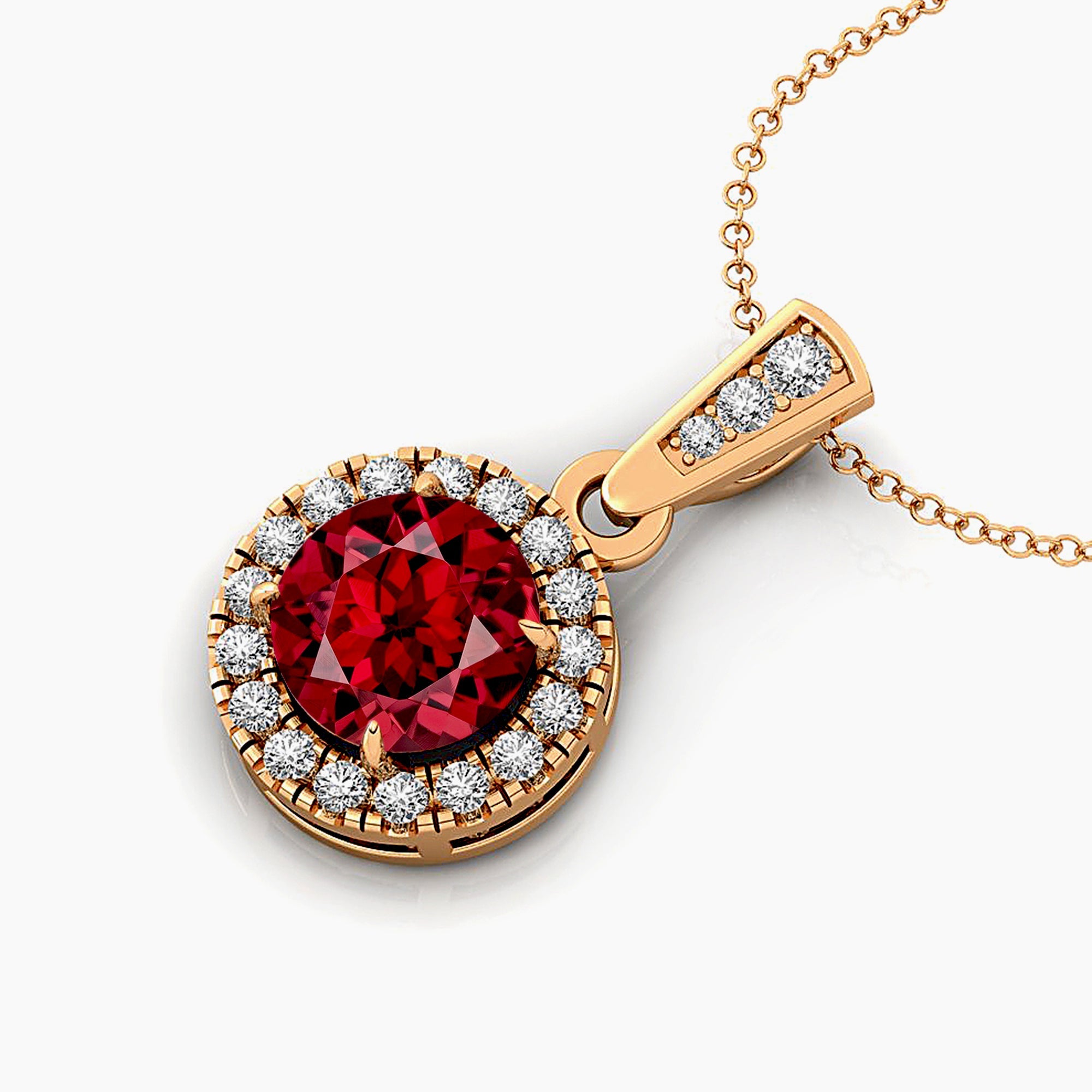 Dainty Round Solitaire Halo Diamond Garnet Pendant - GeumJewels