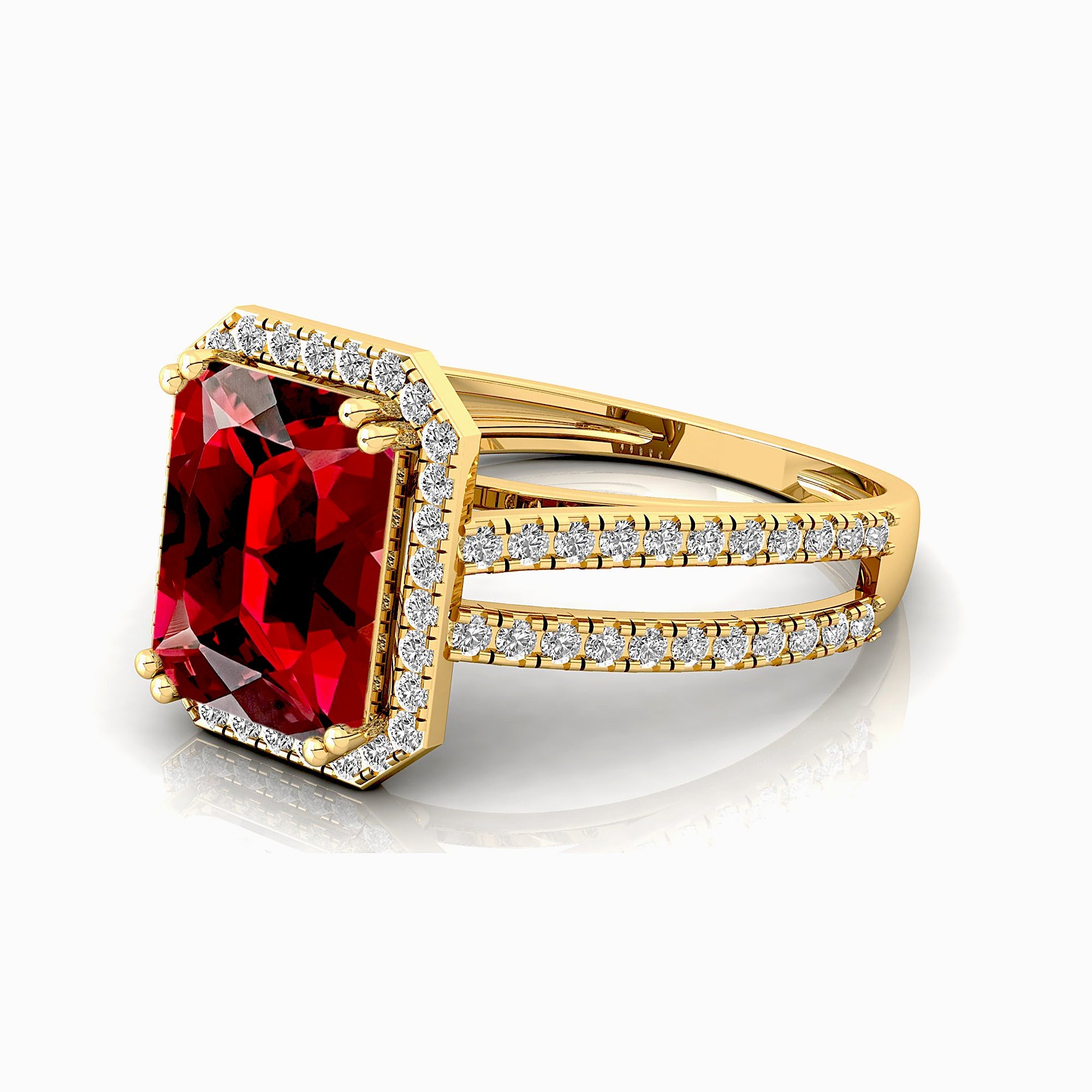 Halo Set Emerald Shaped Garnet Split Shank Ring with Accent Diamonds - GeumJewels