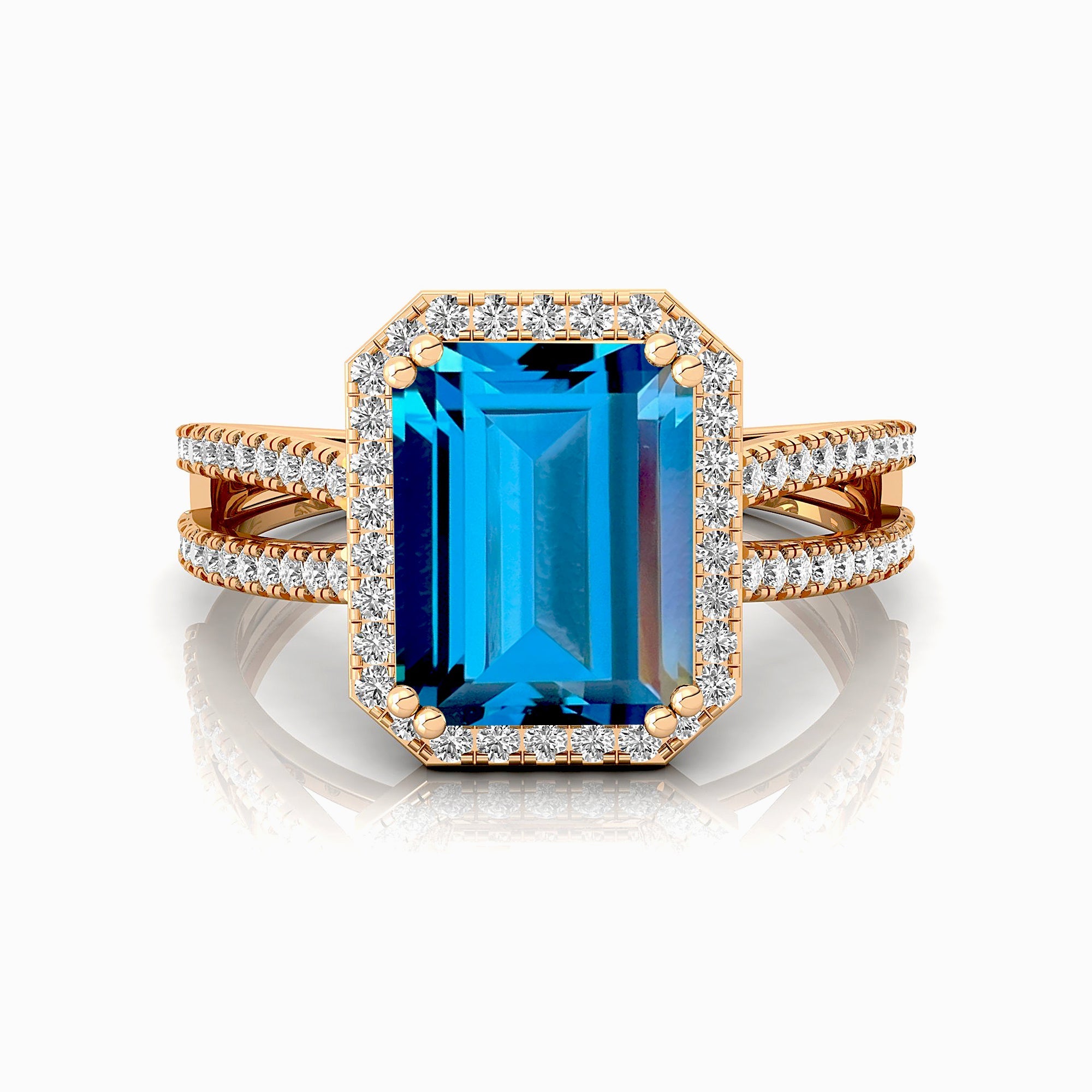 Halo Set Emerald Shaped London Blue Topaz Split Shank Ring with Accent Diamonds - GeumJewels