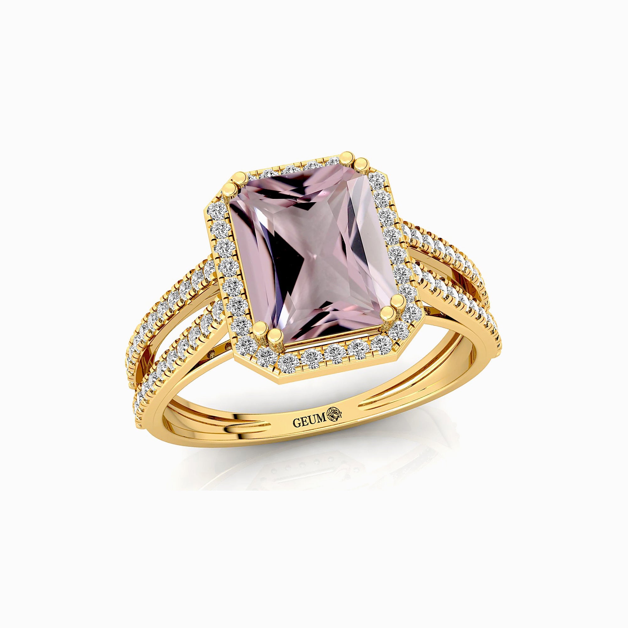 Halo Set Emerald Shaped Morganite Split Shank Ring with Accent Diamonds - GeumJewels