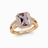 Halo Set Emerald Shaped Morganite Split Shank Ring with Accent Diamonds - GeumJewels