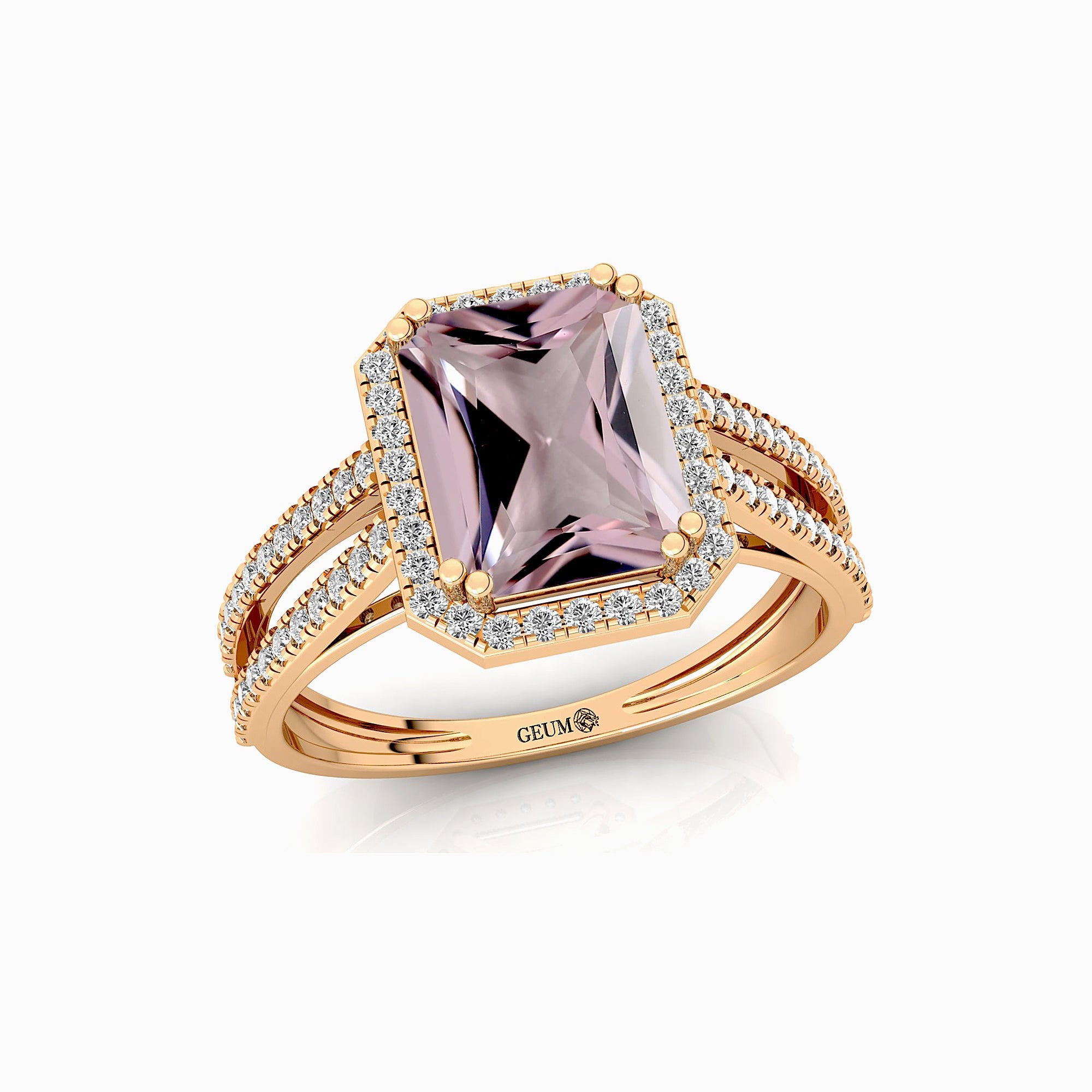 Halo Set Emerald Shaped Morganite Split Shank Ring with Accent Diamonds - GeumJewels