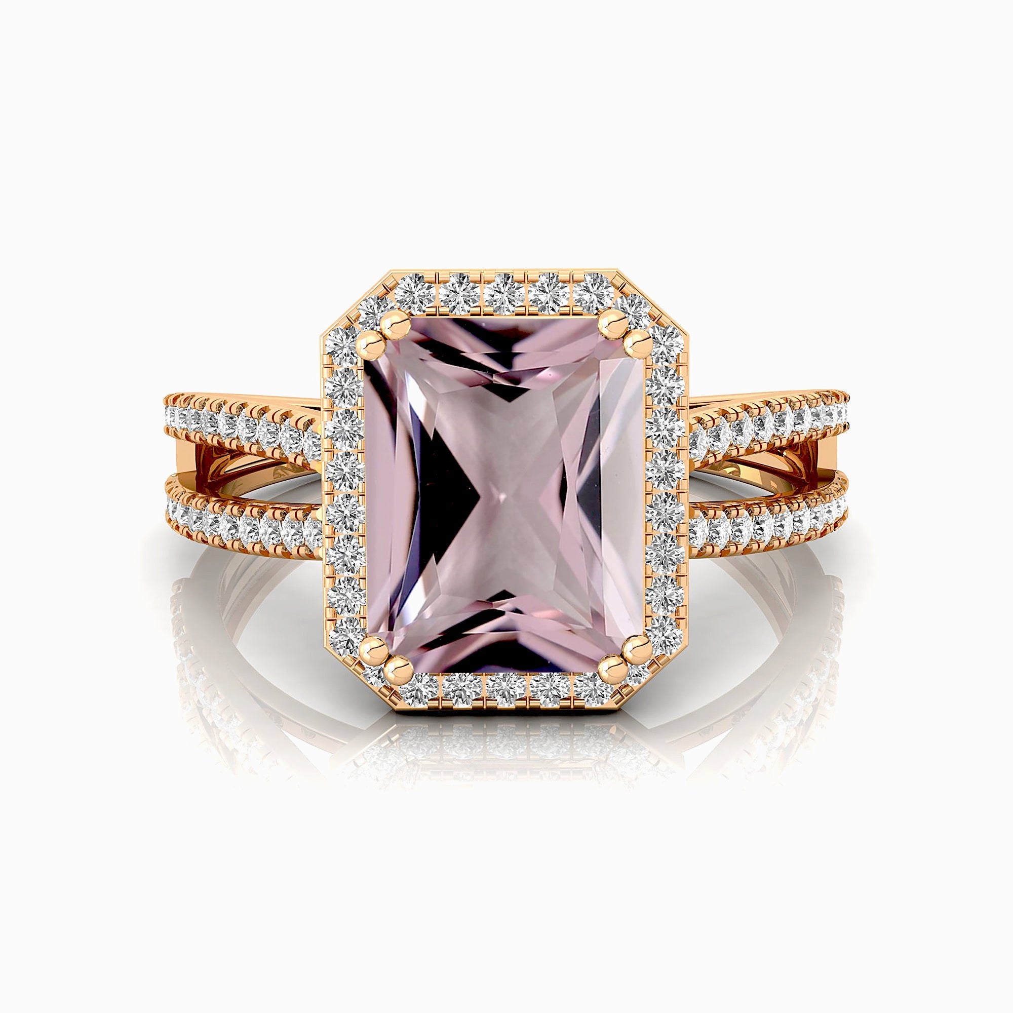Halo Set Emerald Shaped Morganite Split Shank Ring with Accent Diamonds - GeumJewels