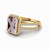 Halo Set Emerald Shaped Morganite Split Shank Ring with Accent Diamonds - GeumJewels