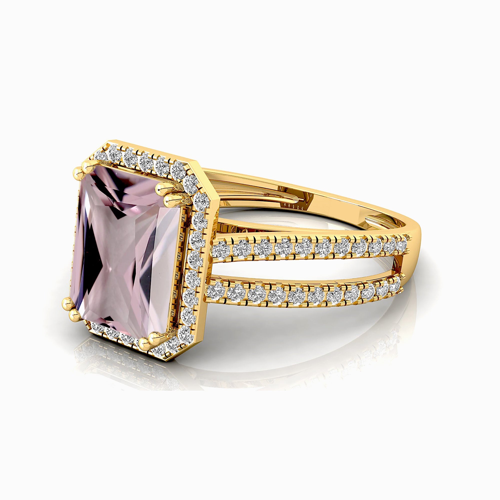 Halo Set Emerald Shaped Morganite Split Shank Ring with Accent Diamonds - GeumJewels